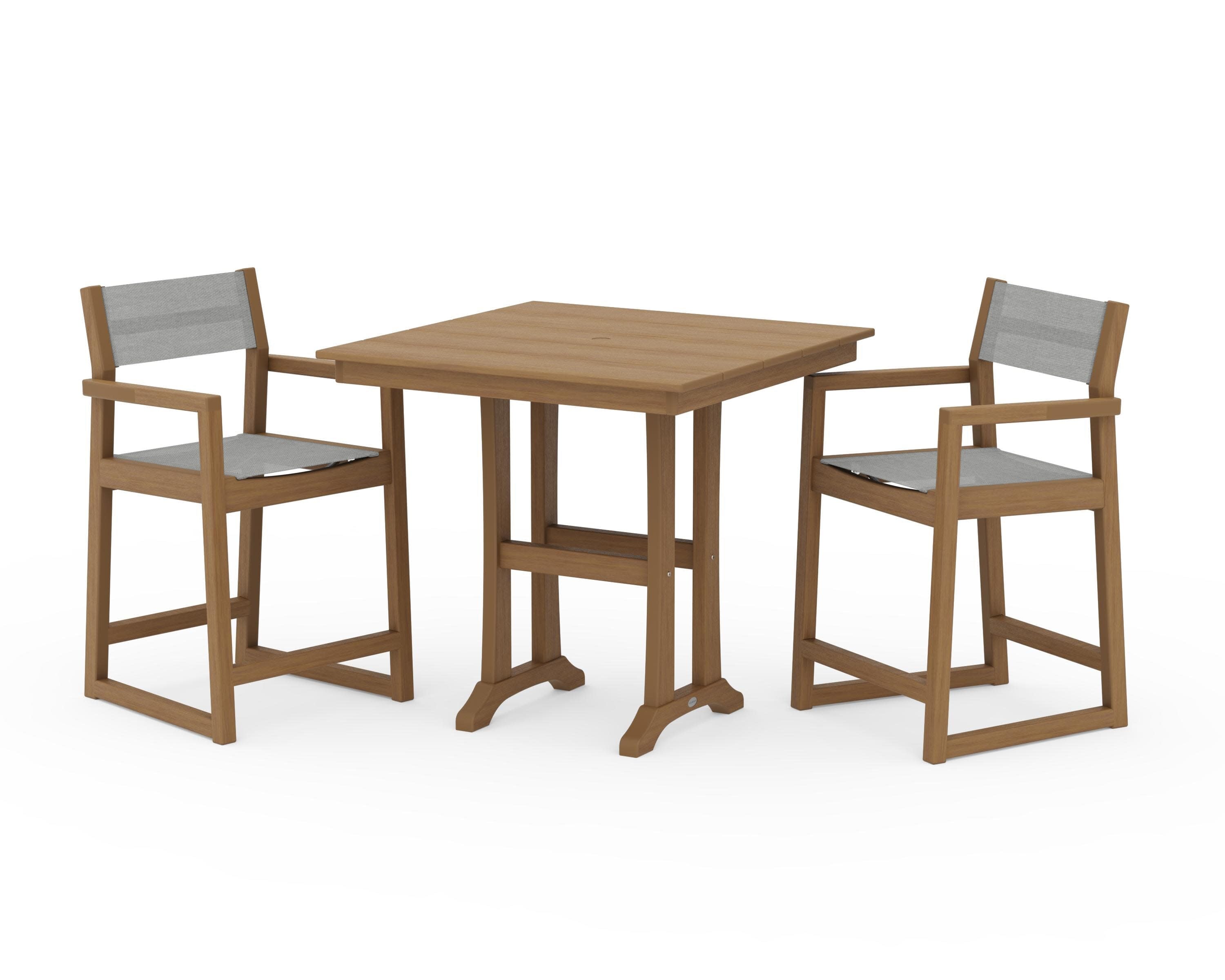 EDGE Sling Arm Chair 3-Piece Farmhouse Counter Set with Trestle Legs in Natural / Metallic Sling