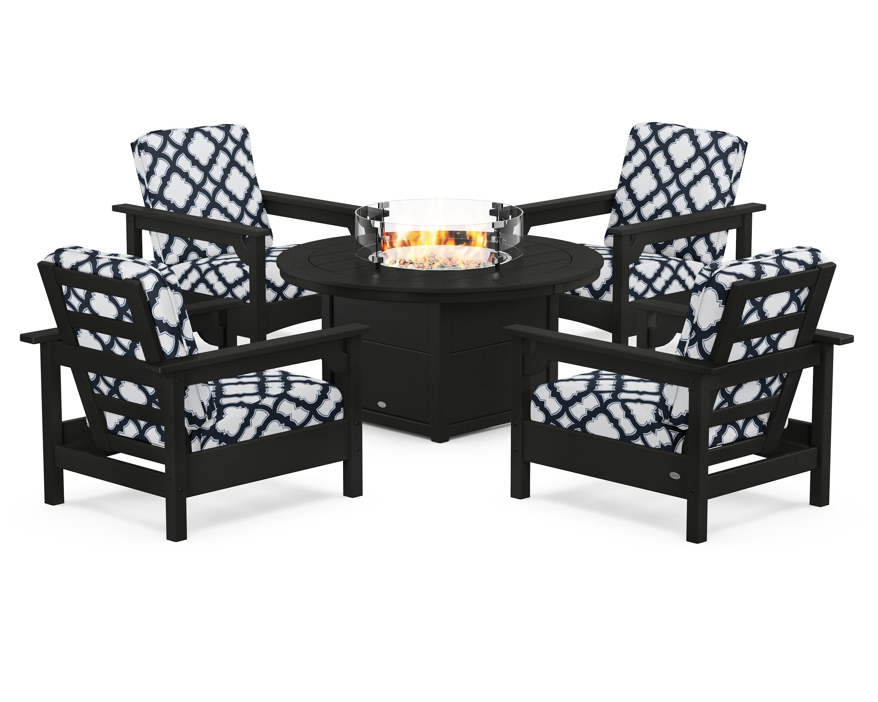 Club 5-Piece Conversation Set with Fire Pit Table in Black / Trellis Marine Indigo