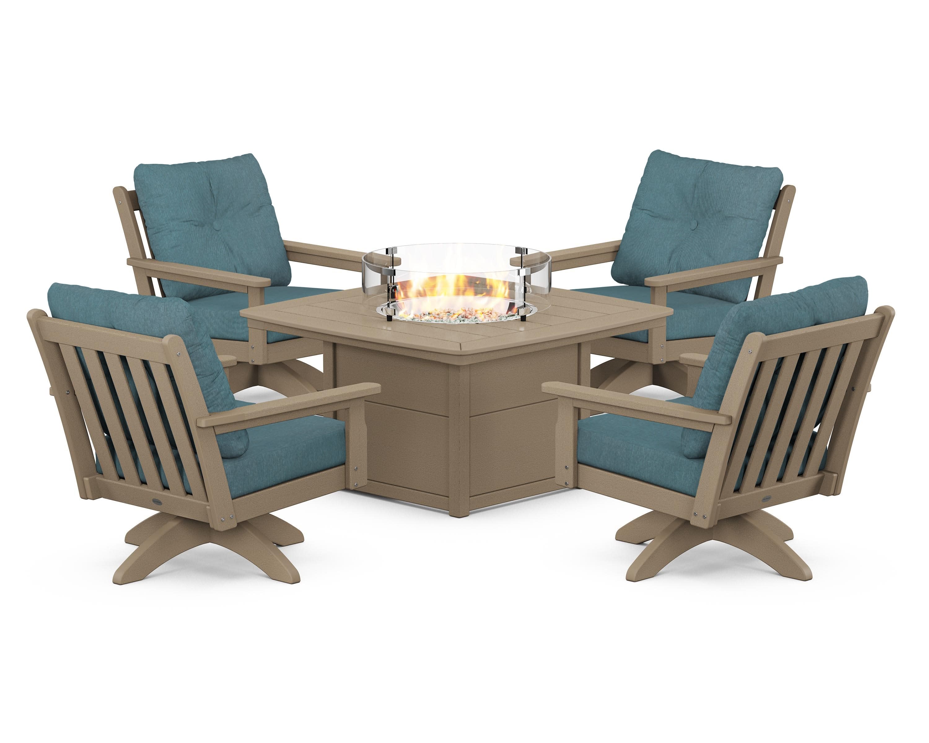 Vineyard 5-Piece Deep Seating Swivel Conversation Set with Fire Pit Table in Vintage Sahara / Ocean Teal