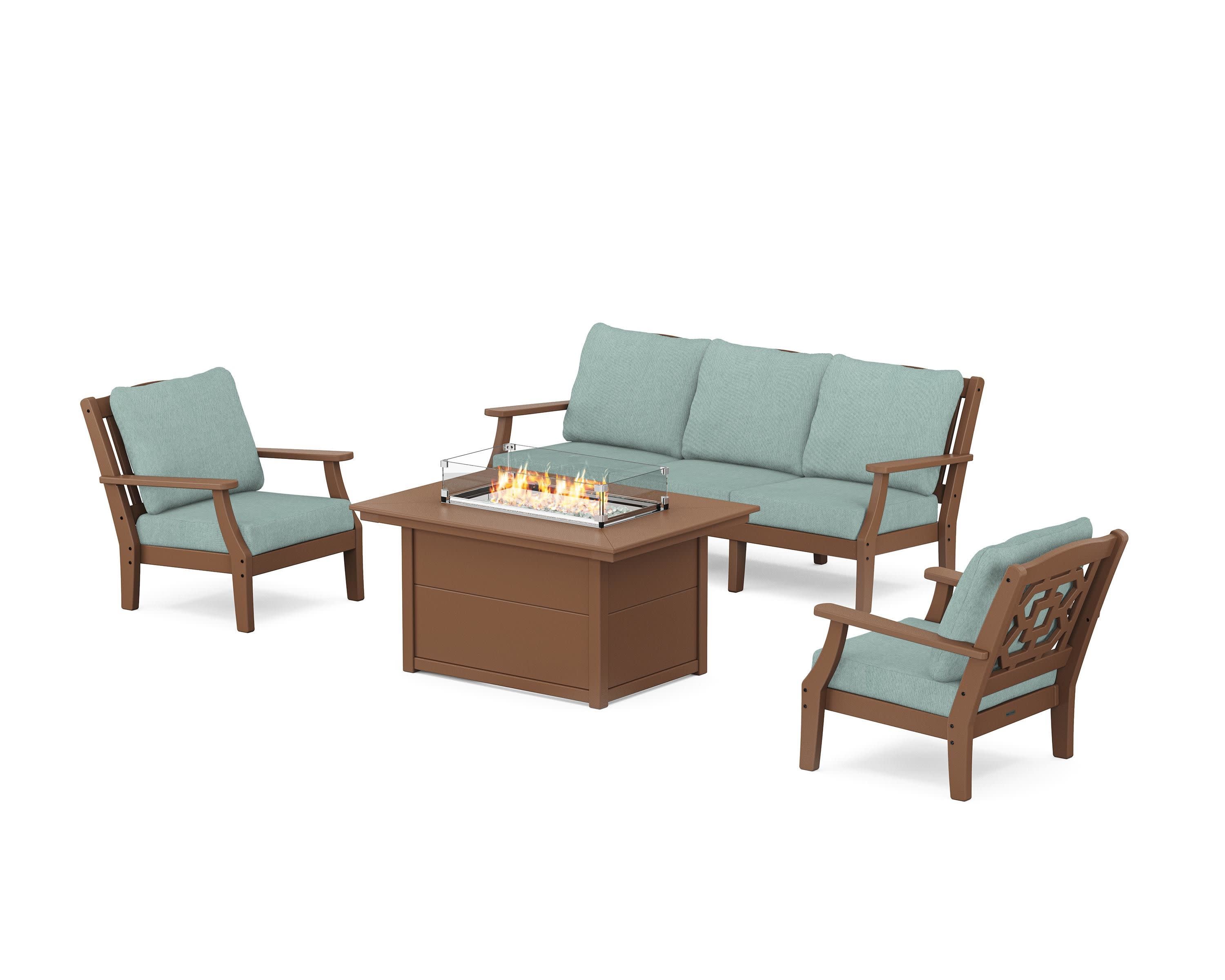 Chinoiserie Deep Seating Fire Pit Table Set in Teak / Glacier Spa
