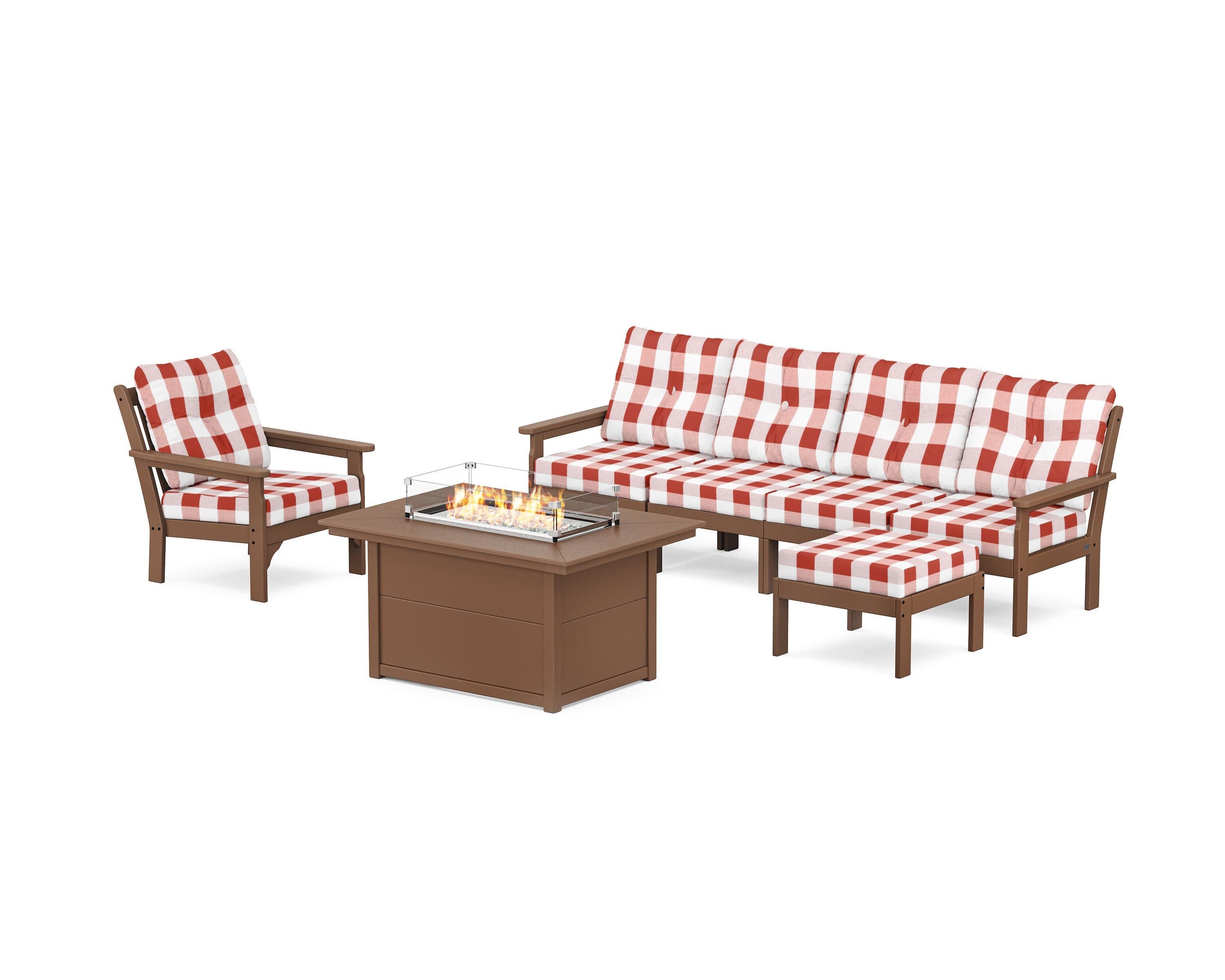 Vineyard Sectional Lounge and Fire Pit Set in Teak / Buffalo Plaid Crimson