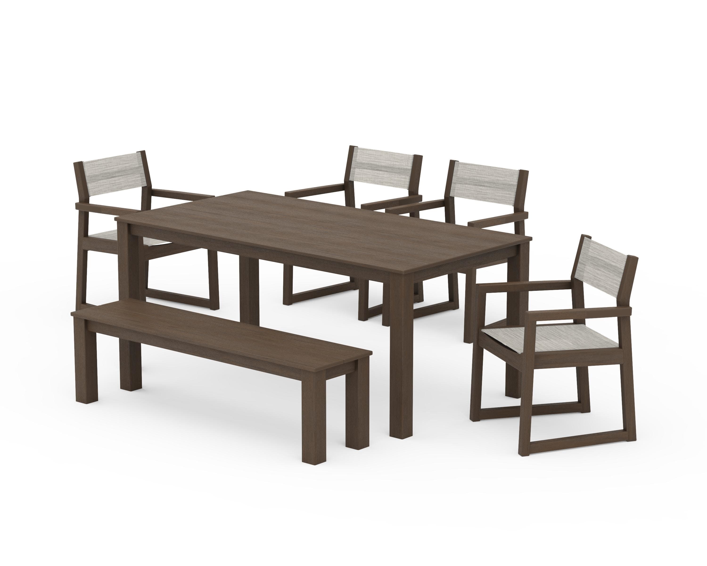 EDGE Sling Arm Chair 6-Piece Parsons Dining Set with Bench in Kona / Birch Sling