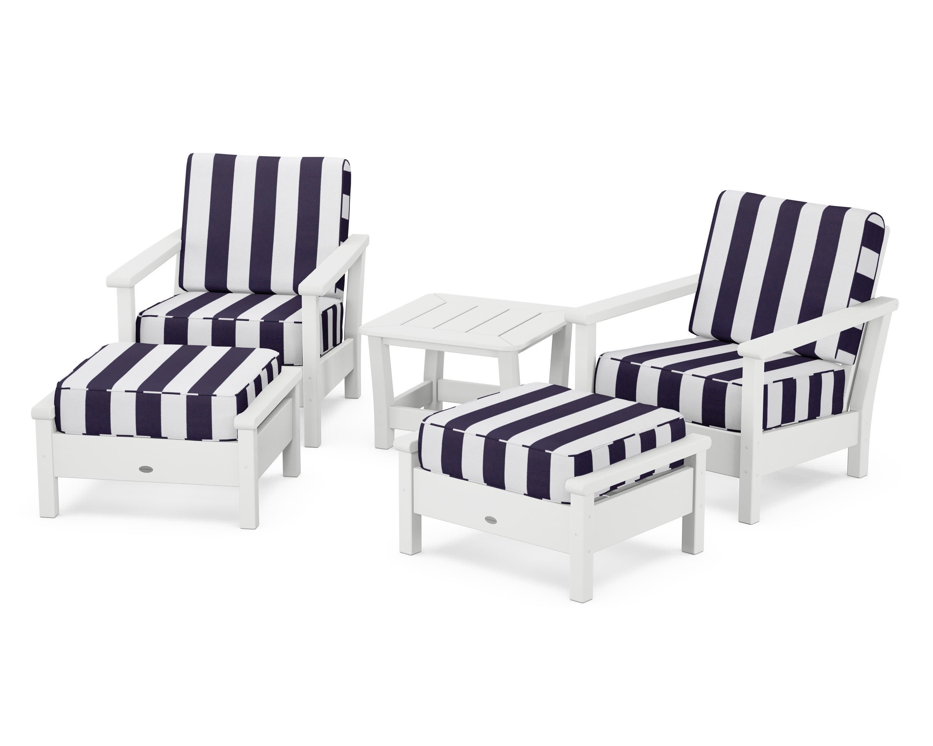 Harbour 5-Piece Deep Seating Chair Set in White / Cabana Stripe Navy