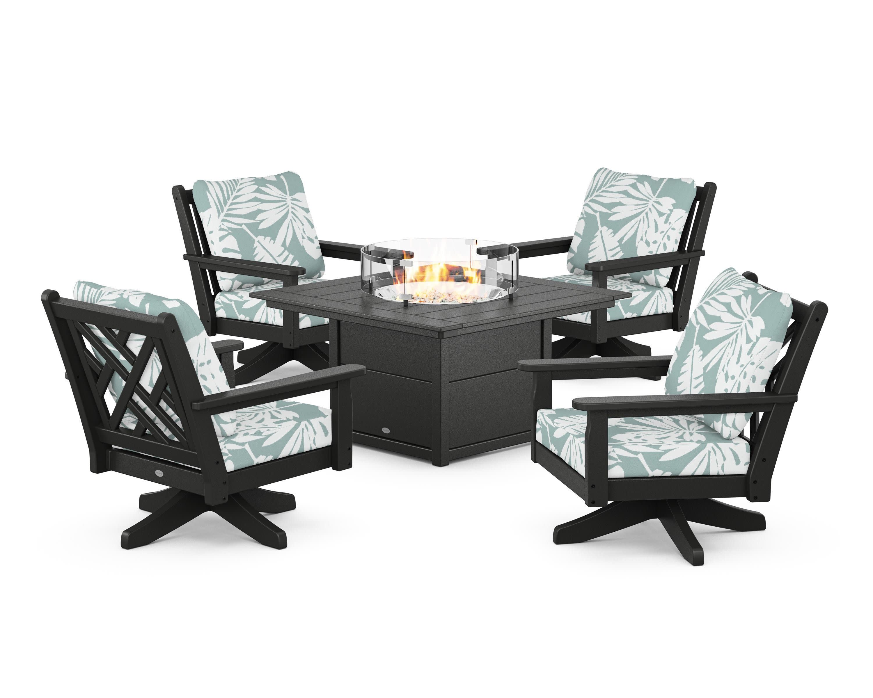 Chippendale 5-Piece Deep Seating Swivel Conversation Set with Fire Pit Table in Black / Leaf Glacier Spa