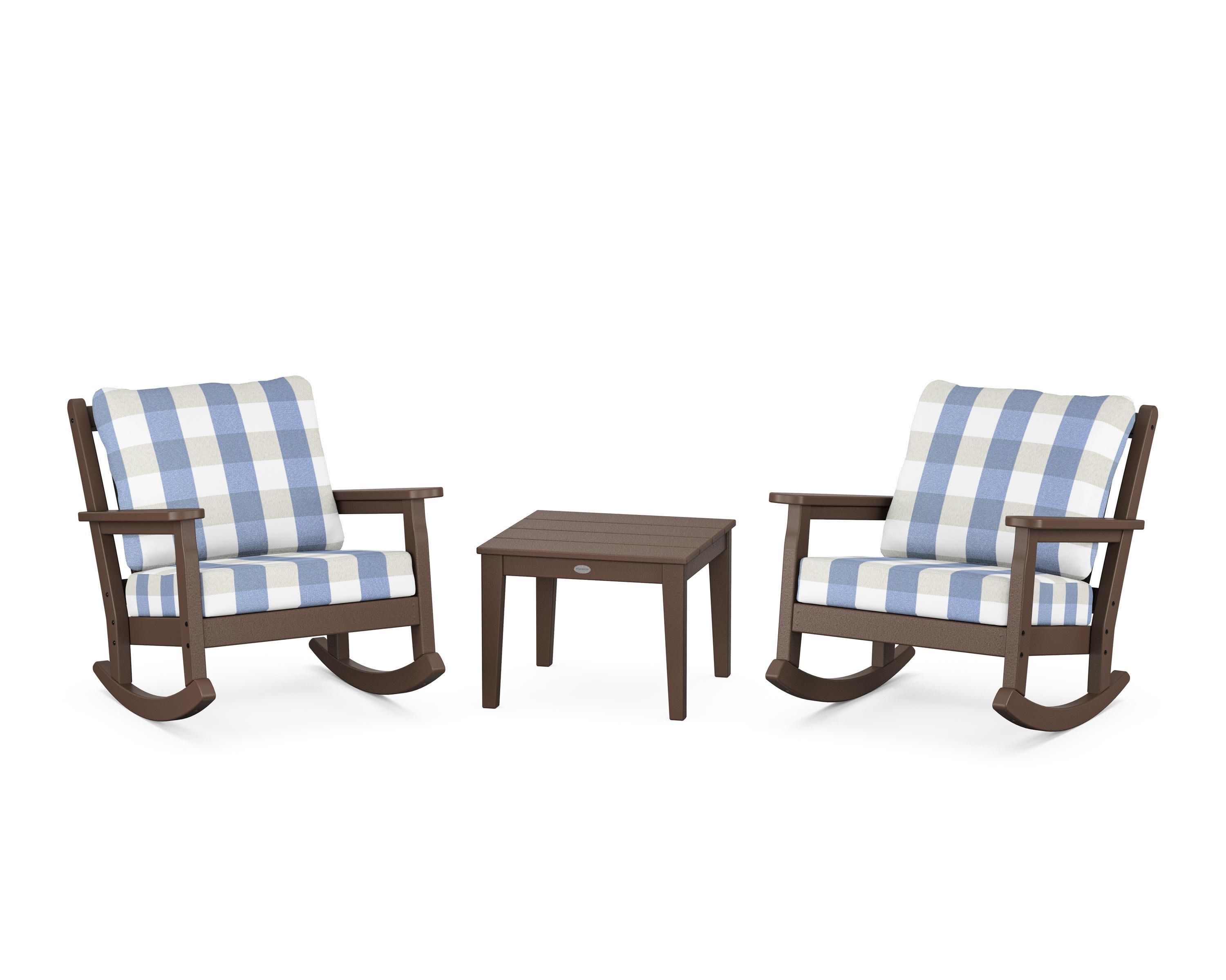 Chippendale 3-Piece Deep Seating Rocker Set in Mahogany / Buffalo Plaid Sky Blue