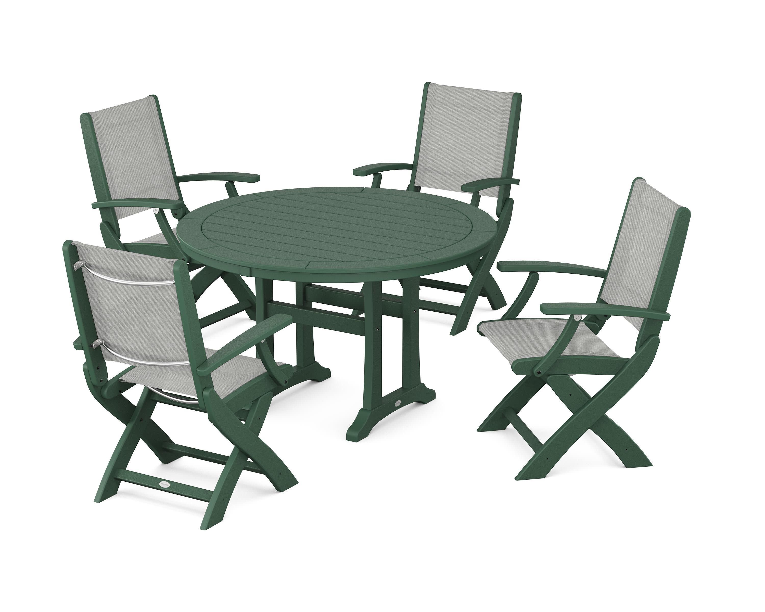 Coastal Folding Chair 5-Piece Round Dining Set with Trestle Legs in Green / Metallic Sling