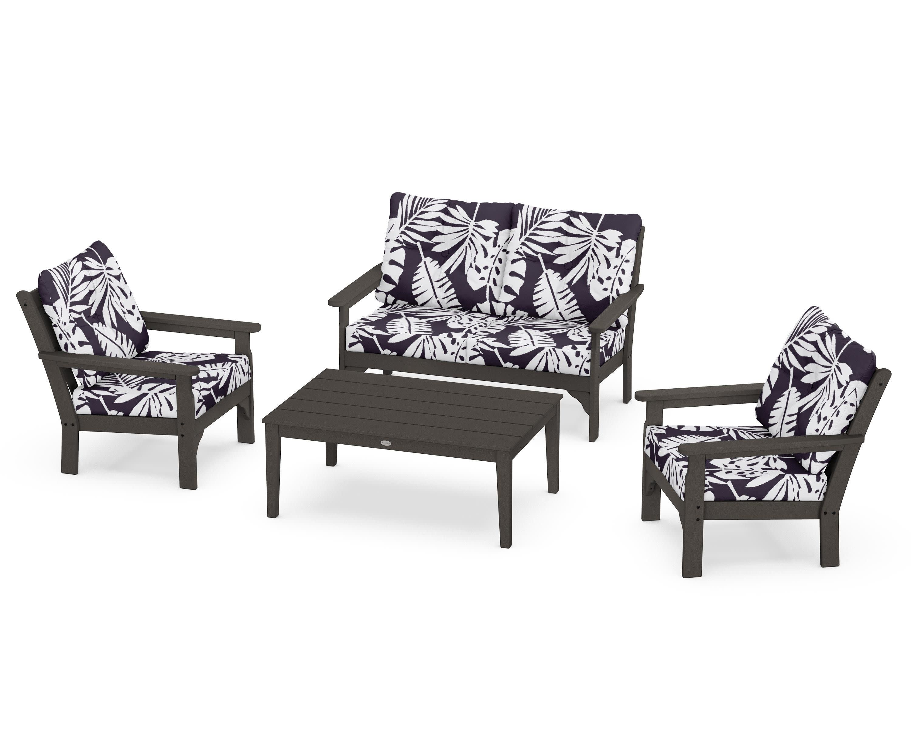 Vineyard 4-Piece Deep Seating Set in Vintage Coffee / Leaf Navy