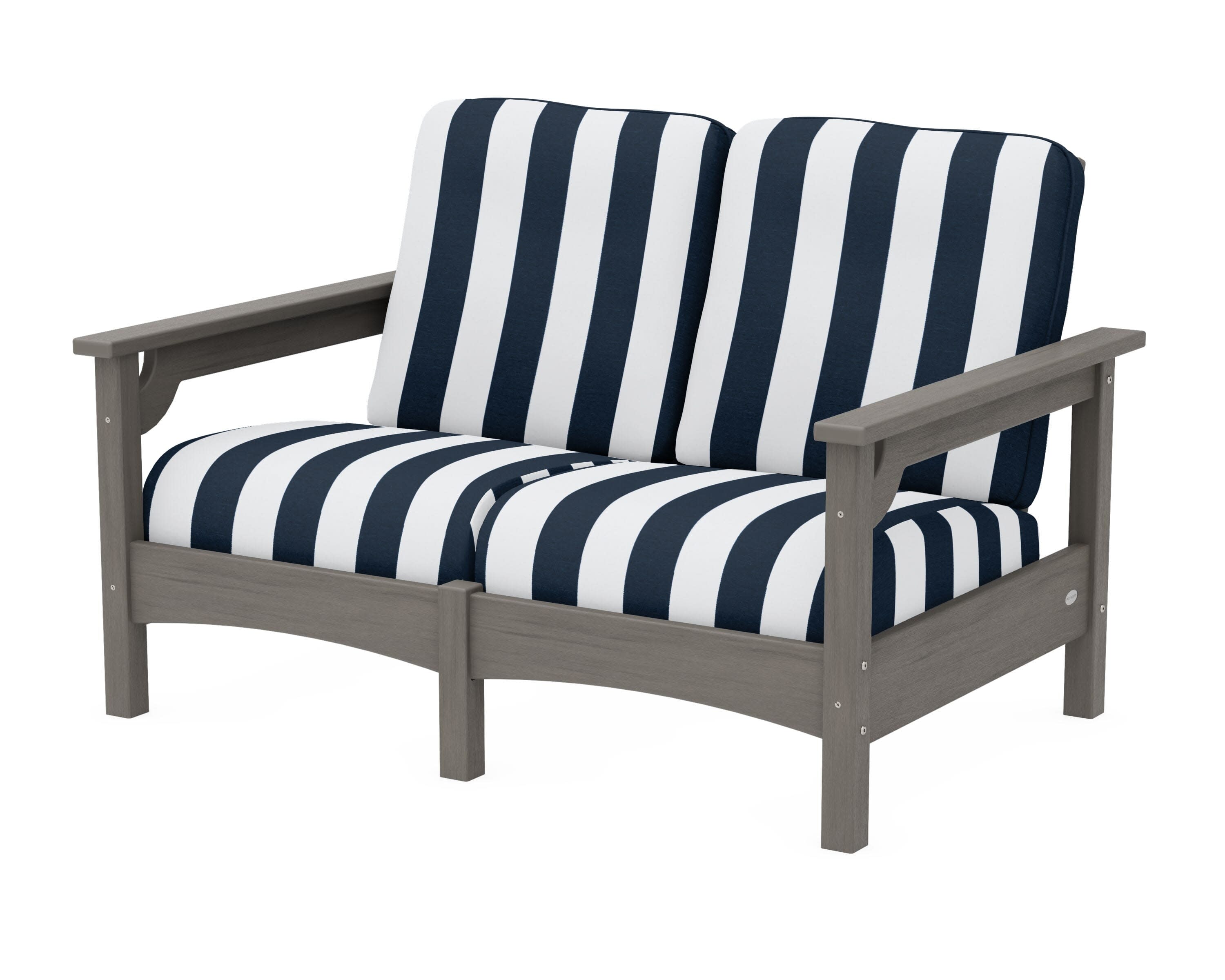 Club Loveseat in Driftwood / Cabana Stripe Marine Indigo