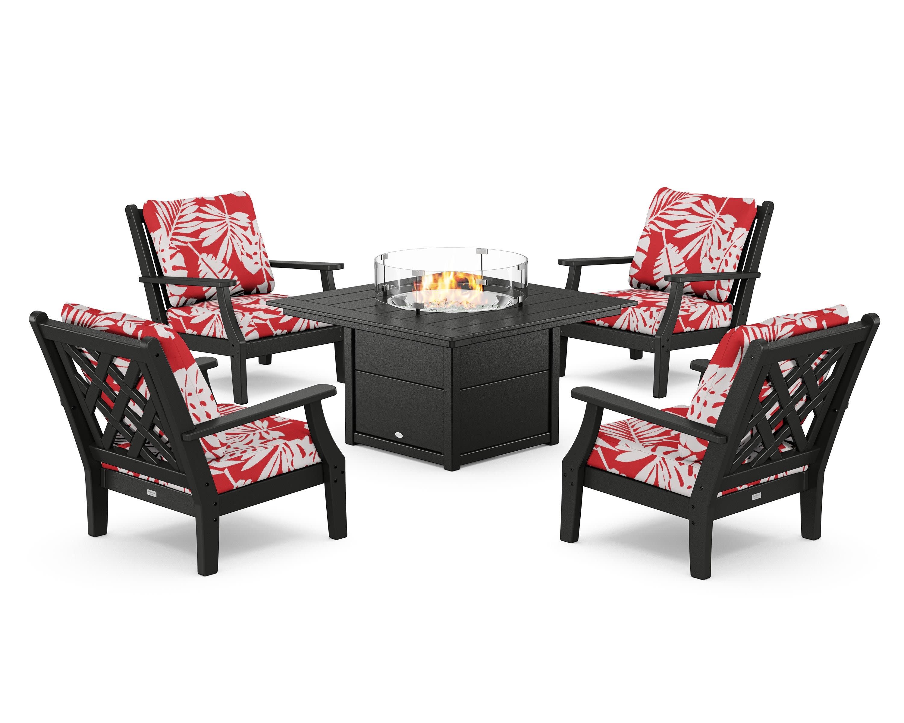 Wovendale 5-Piece Deep Seating Set with Fire Pit Table in Black / Leaf Crimson