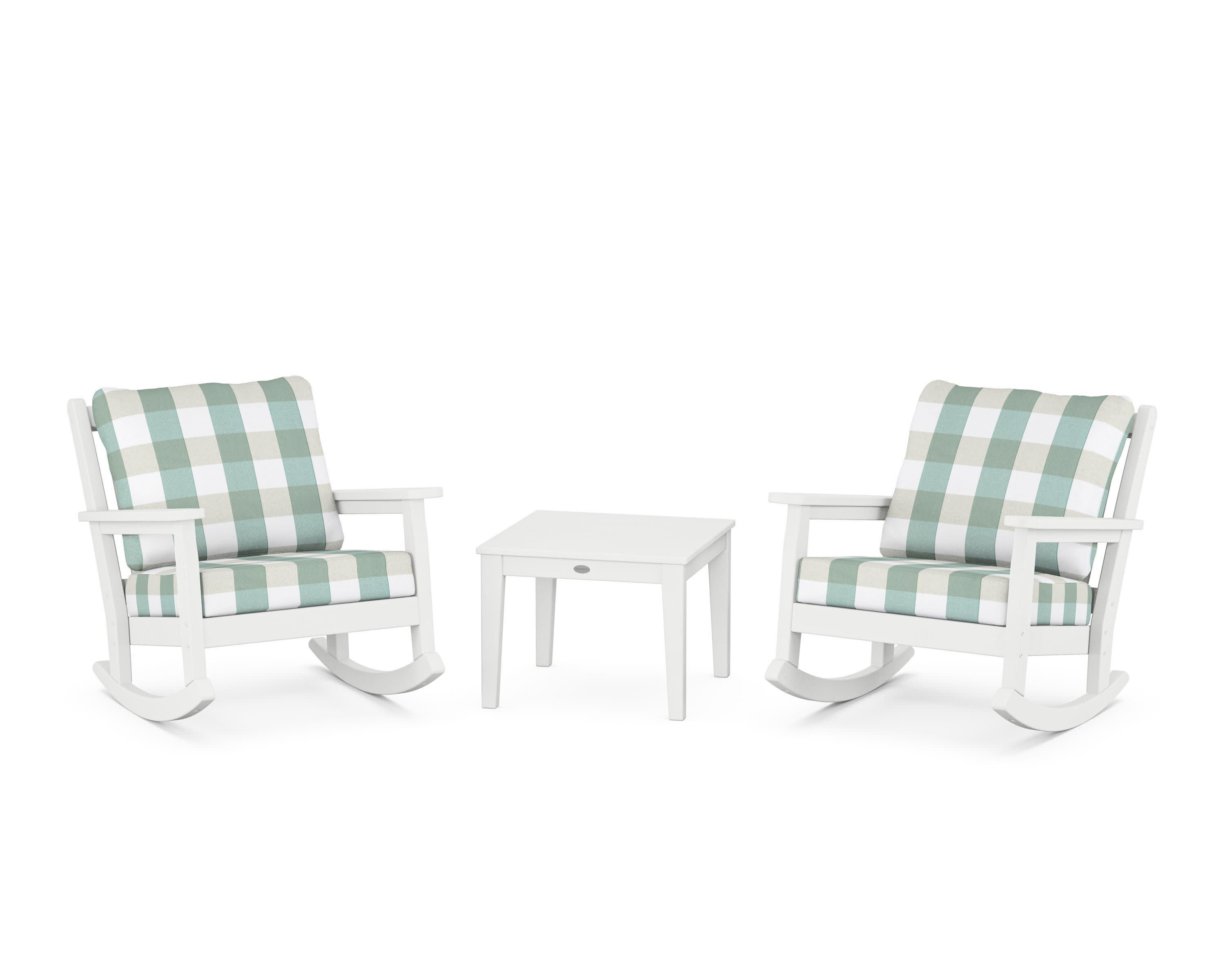 Chippendale 3-Piece Deep Seating Rocker Set in White / Buffalo Plaid Glacier Spa