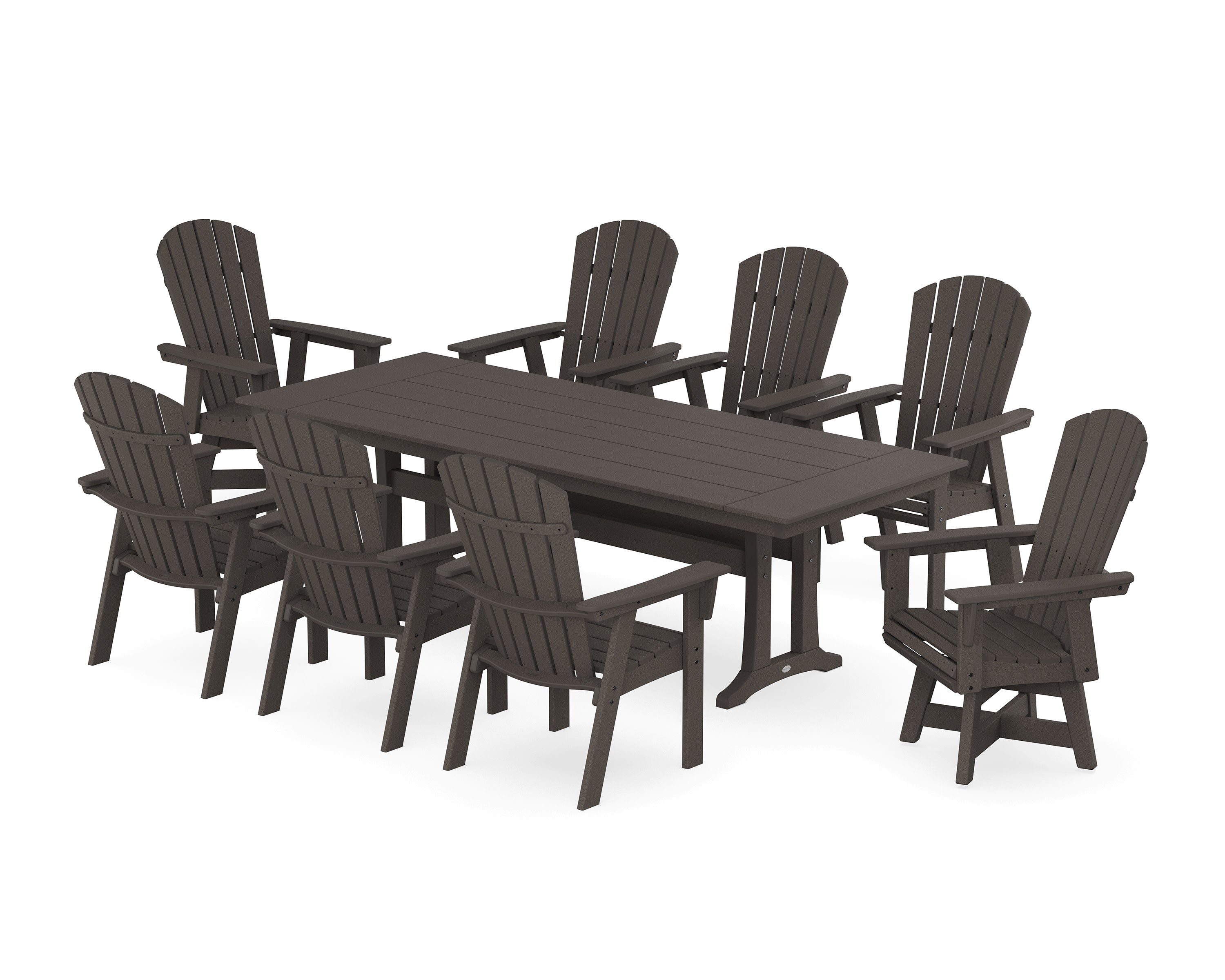 Nautical Curveback Adirondack Swivel 9-Piece Farmhouse Dining Set with Trestle Legs in Vintage Coffee