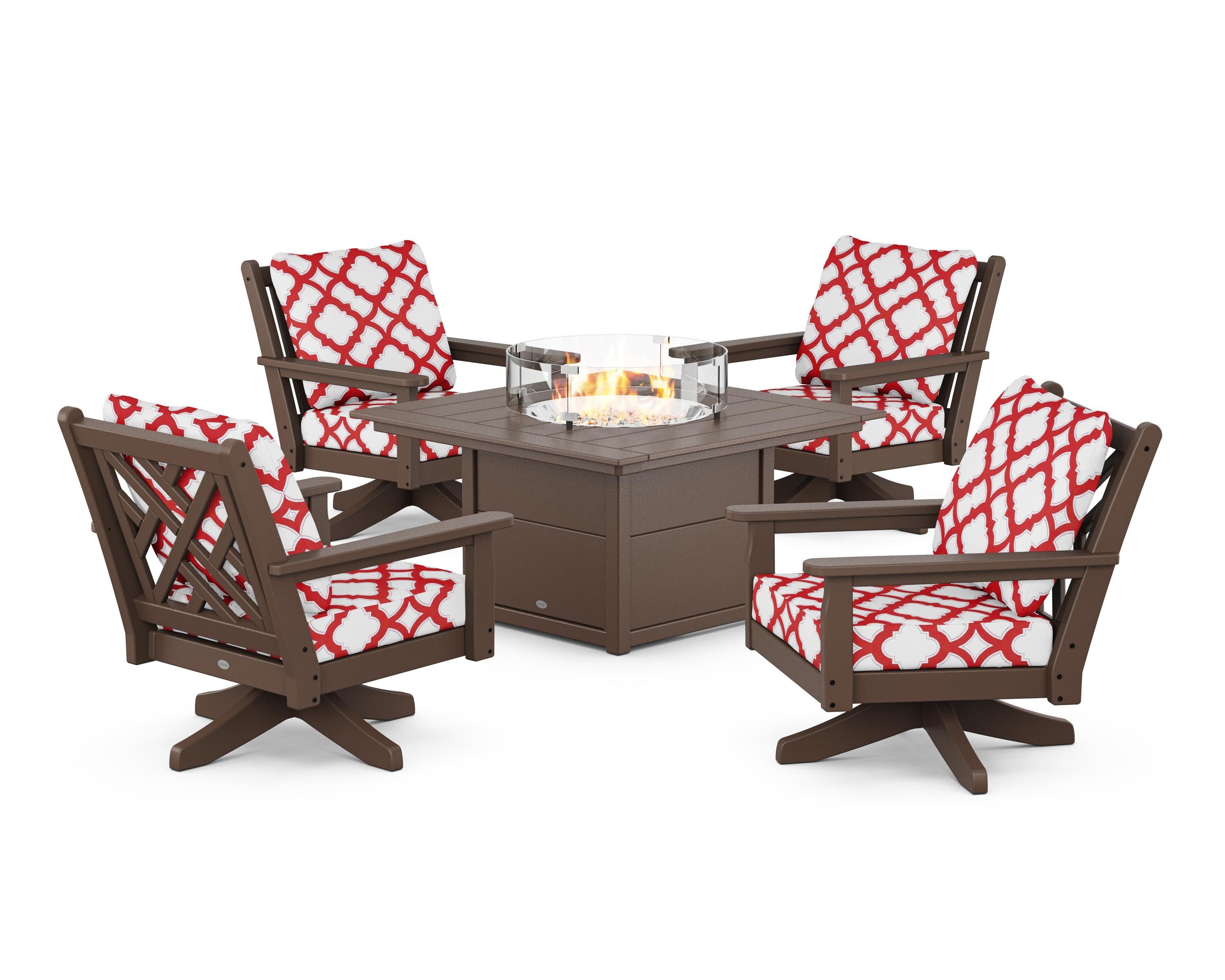Chippendale 5-Piece Deep Seating Swivel Conversation Set with Fire Pit Table in Mahogany / Trellis Crimson