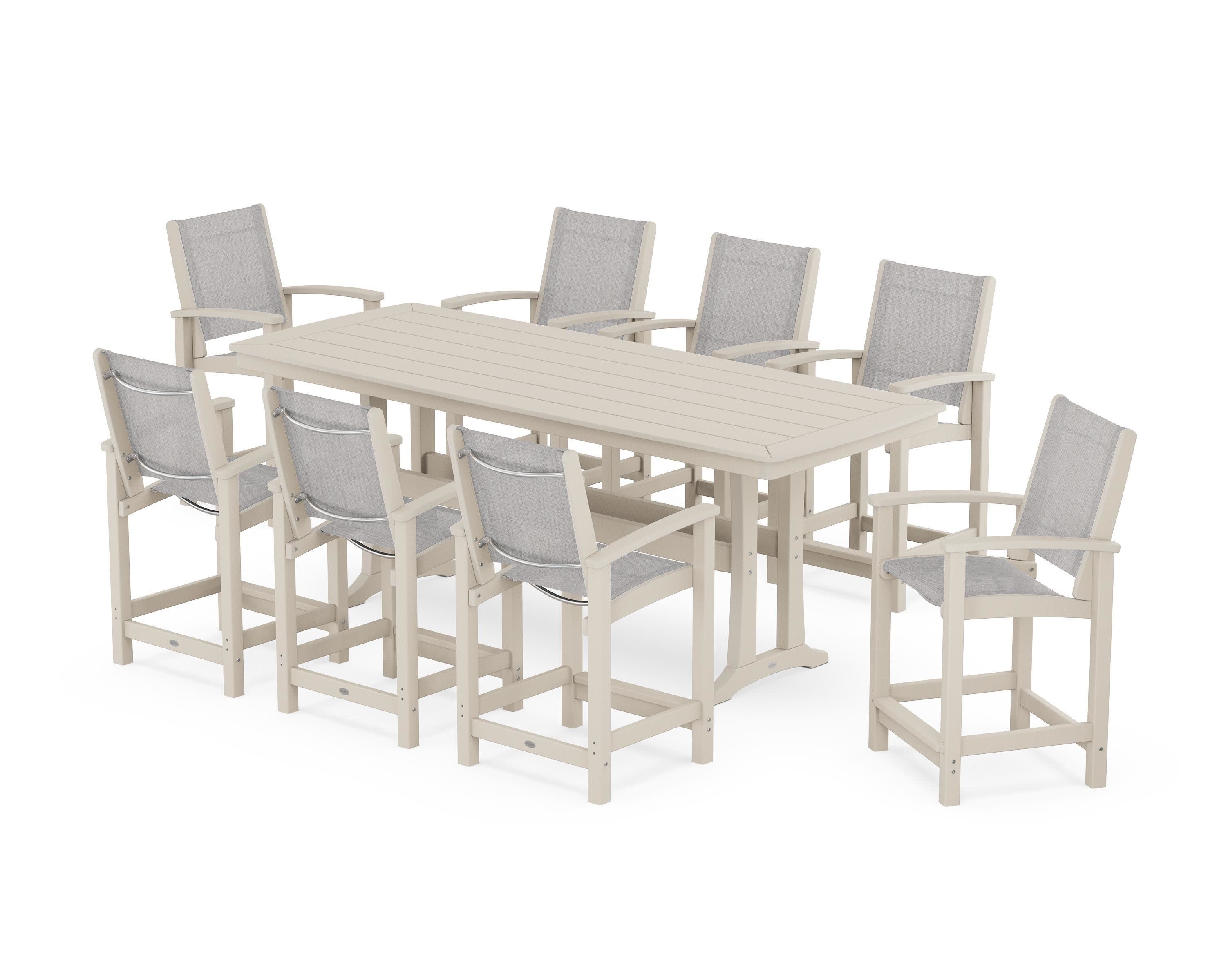 Coastal 9-Piece Counter Set with Trestle Legs in Sand / Parchment Sling