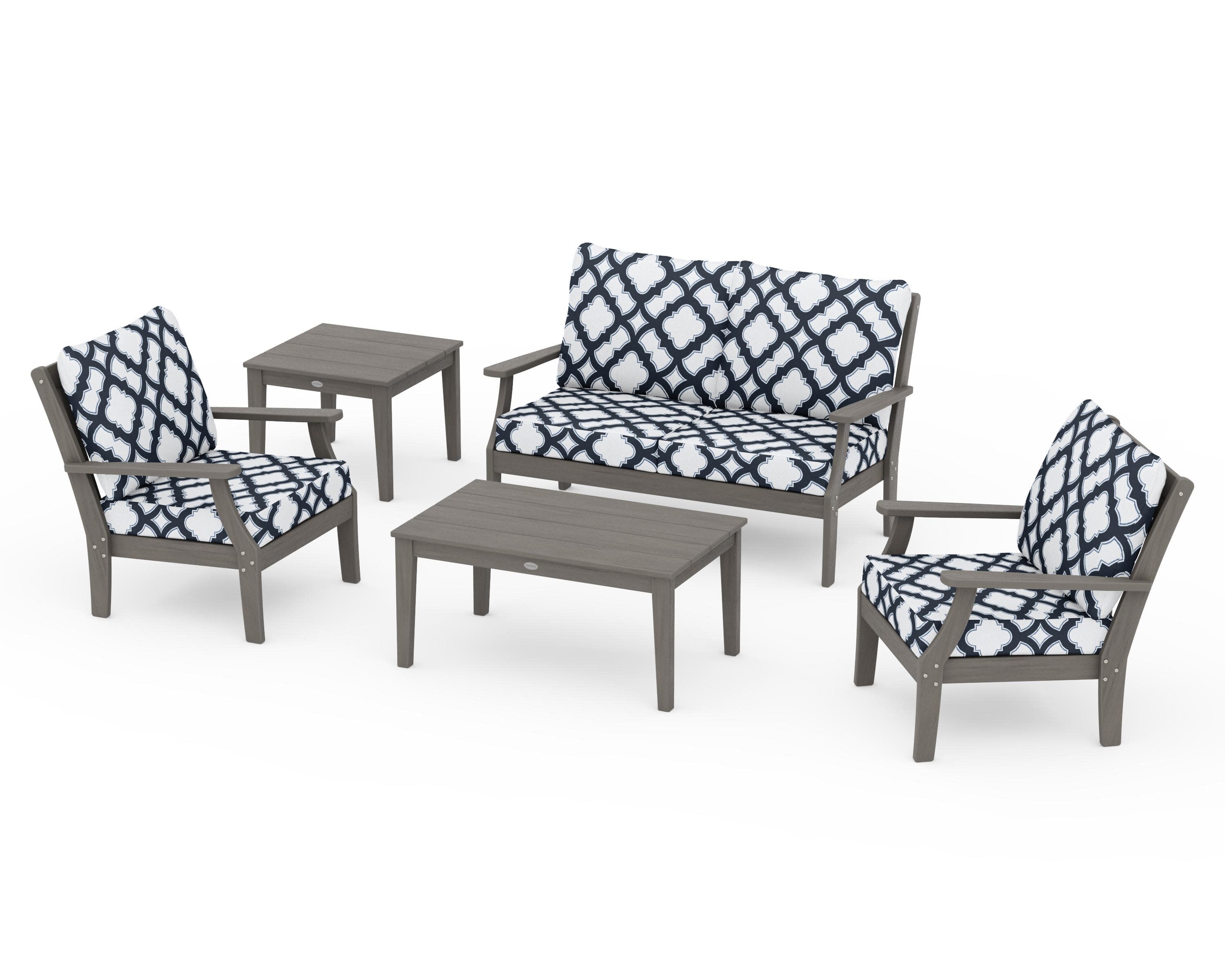 Braxton 5-Piece Deep Seating Set in Driftwood / Trellis Marine Indigo