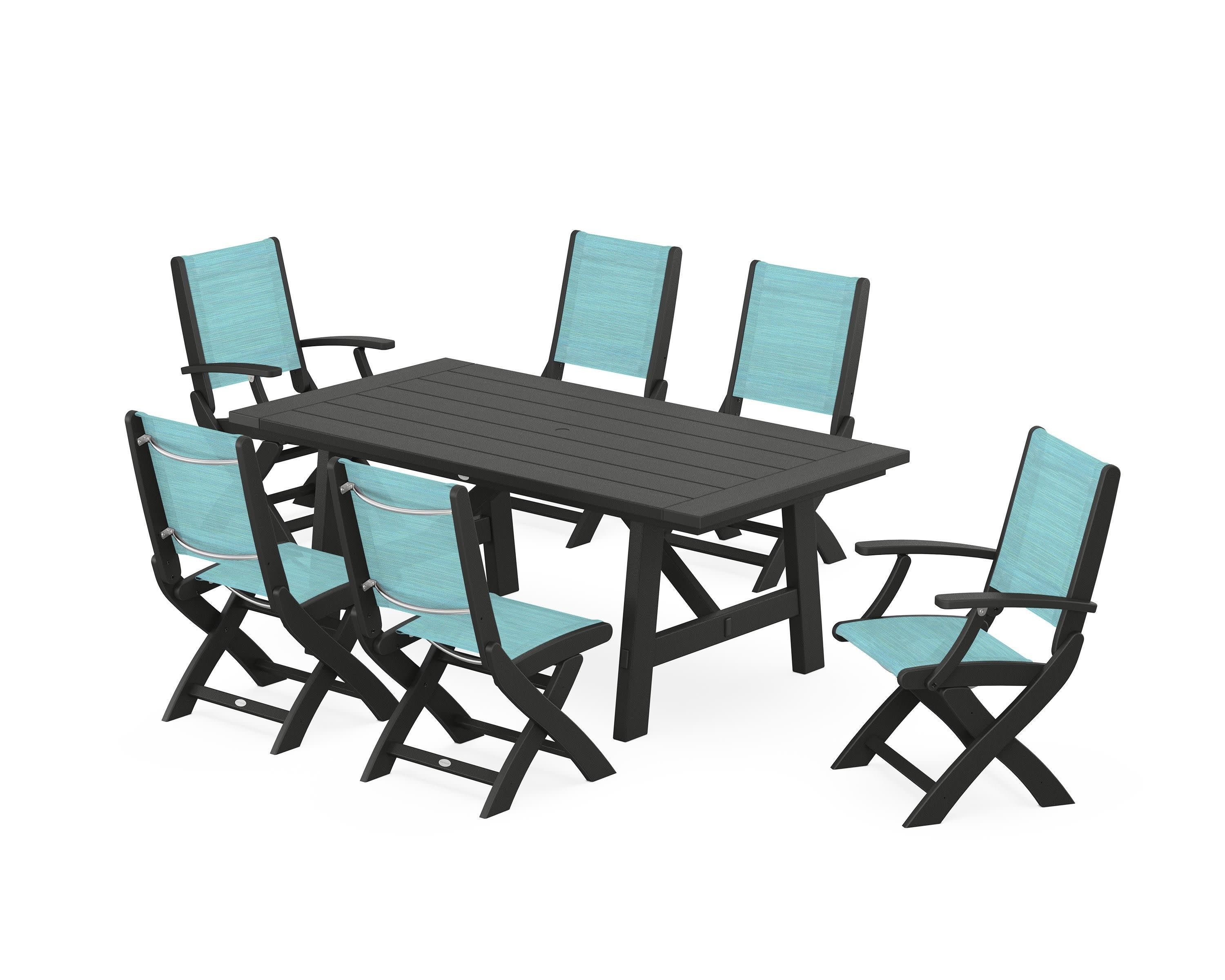 Coastal Folding Chair 7-Piece Rustic Farmhouse Dining Set in Black / Dupioni Aquamarine Sling