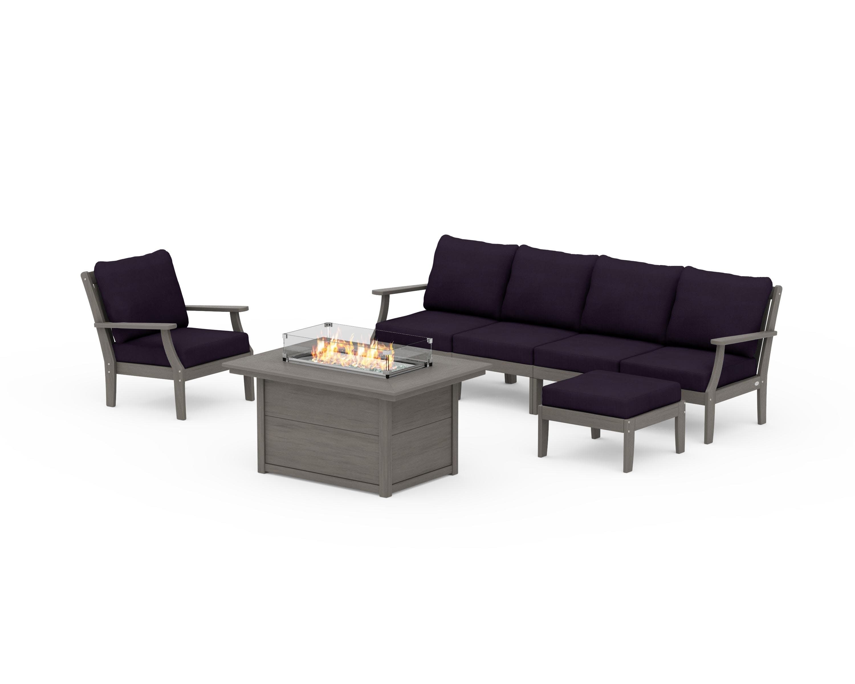Braxton Sectional Lounge and Fire Pit Set in Driftwood / Navy Linen