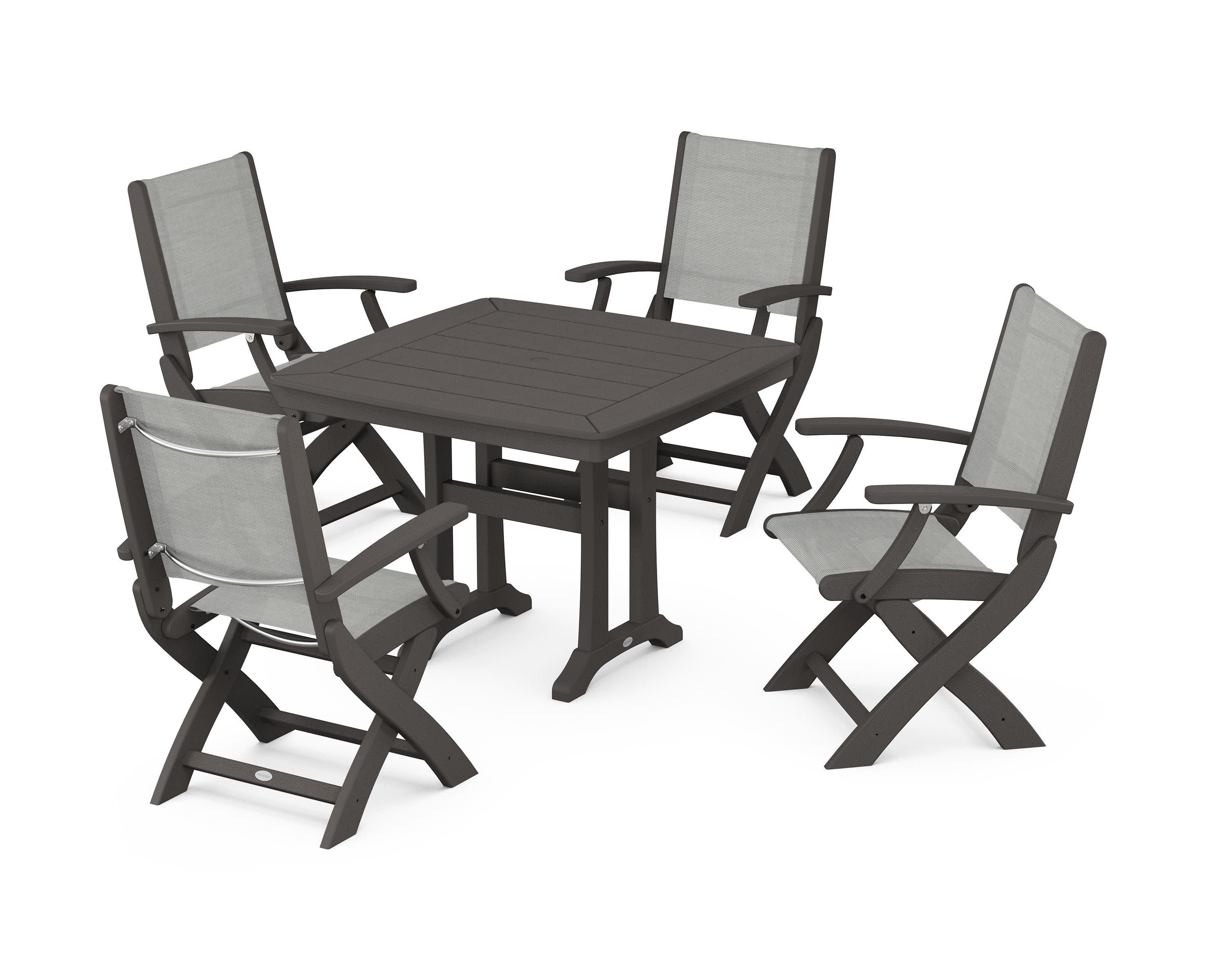 Coastal Folding Chair 5-Piece Dining Set with Trestle Legs in Vintage Coffee / Metallic Sling