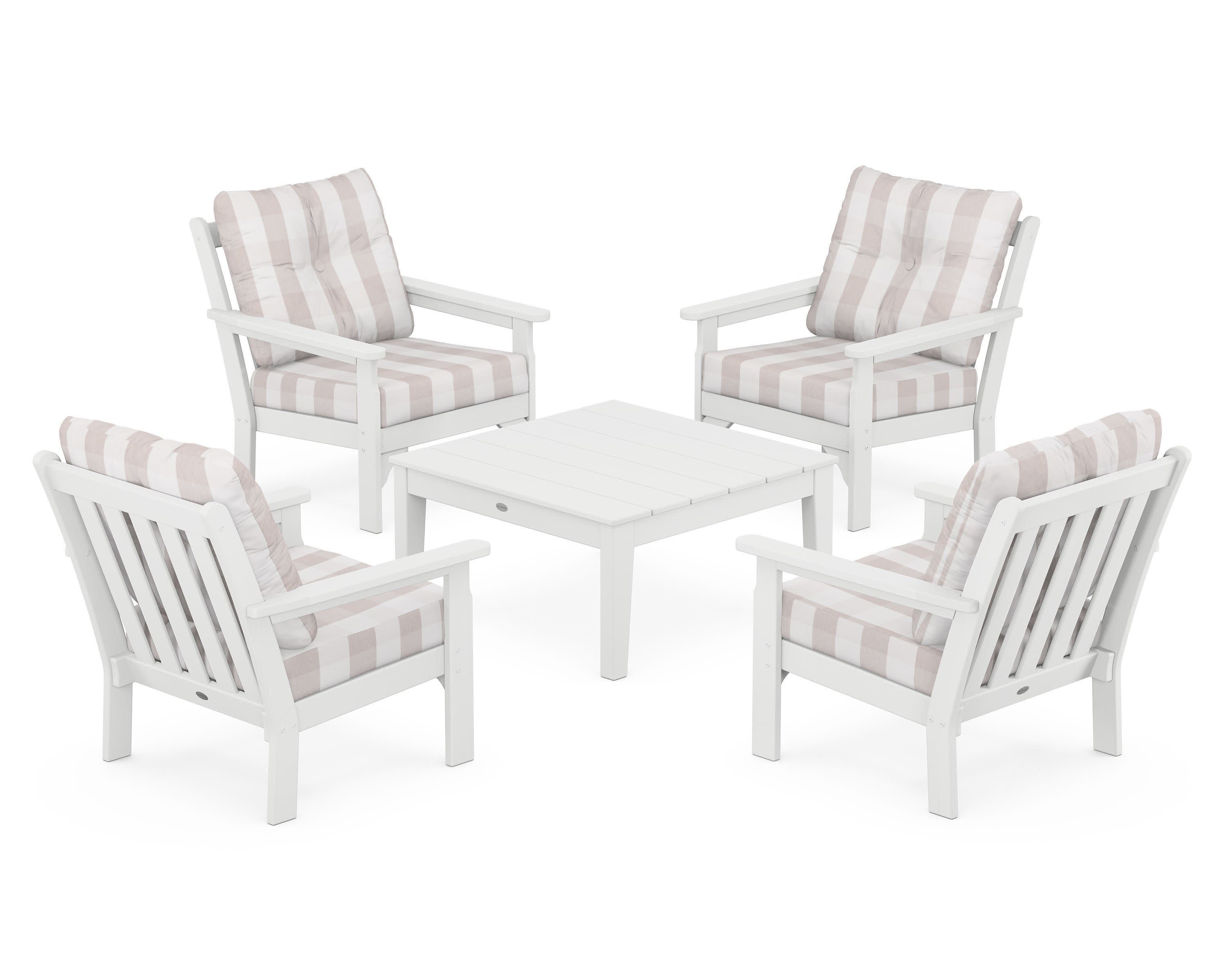 Vineyard 5-Piece Deep Seating Conversation Set in White / Buffalo Plaid Dune Burlap