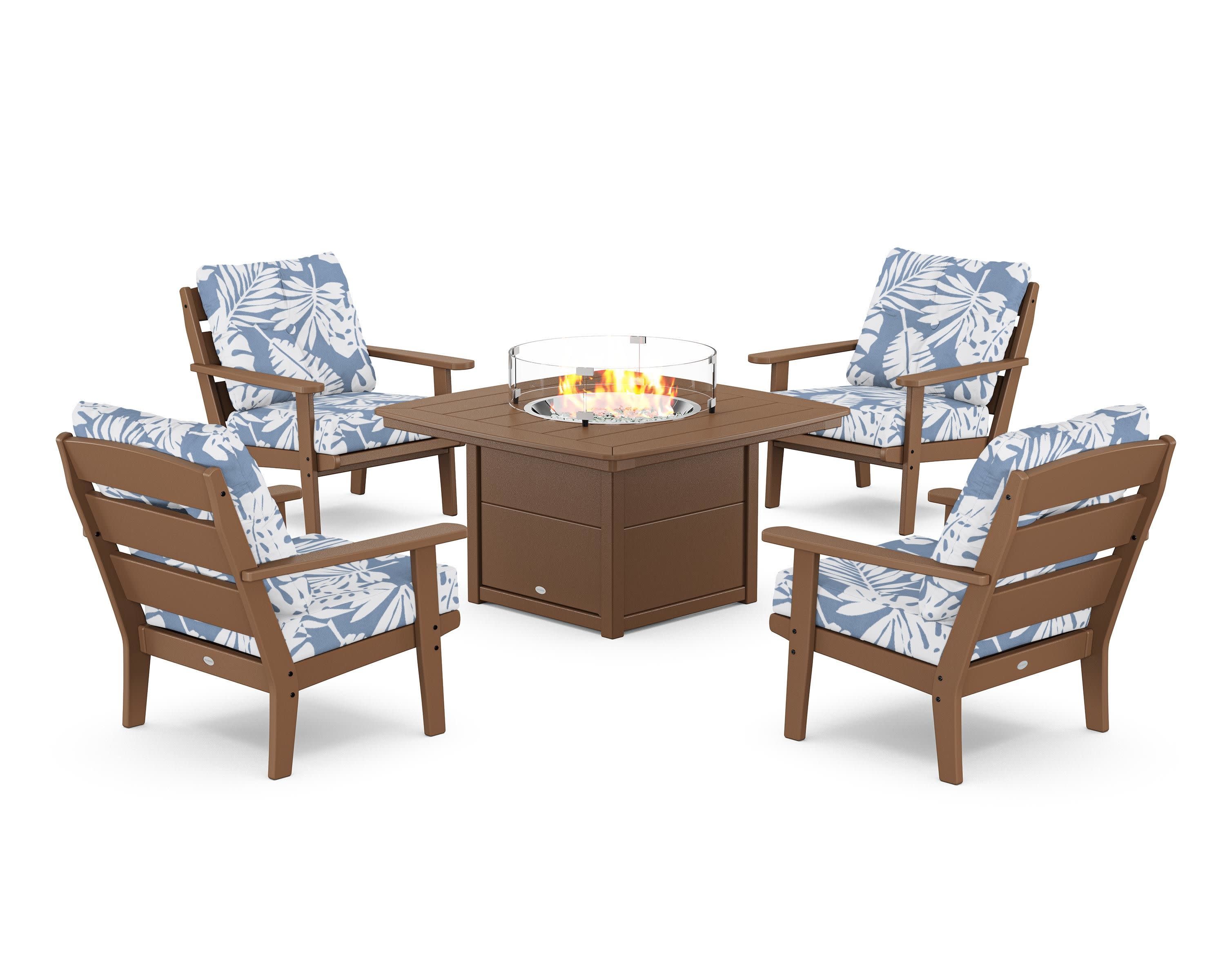 Lakeside 5-Piece Deep Seating Set with Nautical Fire Pit Table in Teak / Leaf Sky Blue
