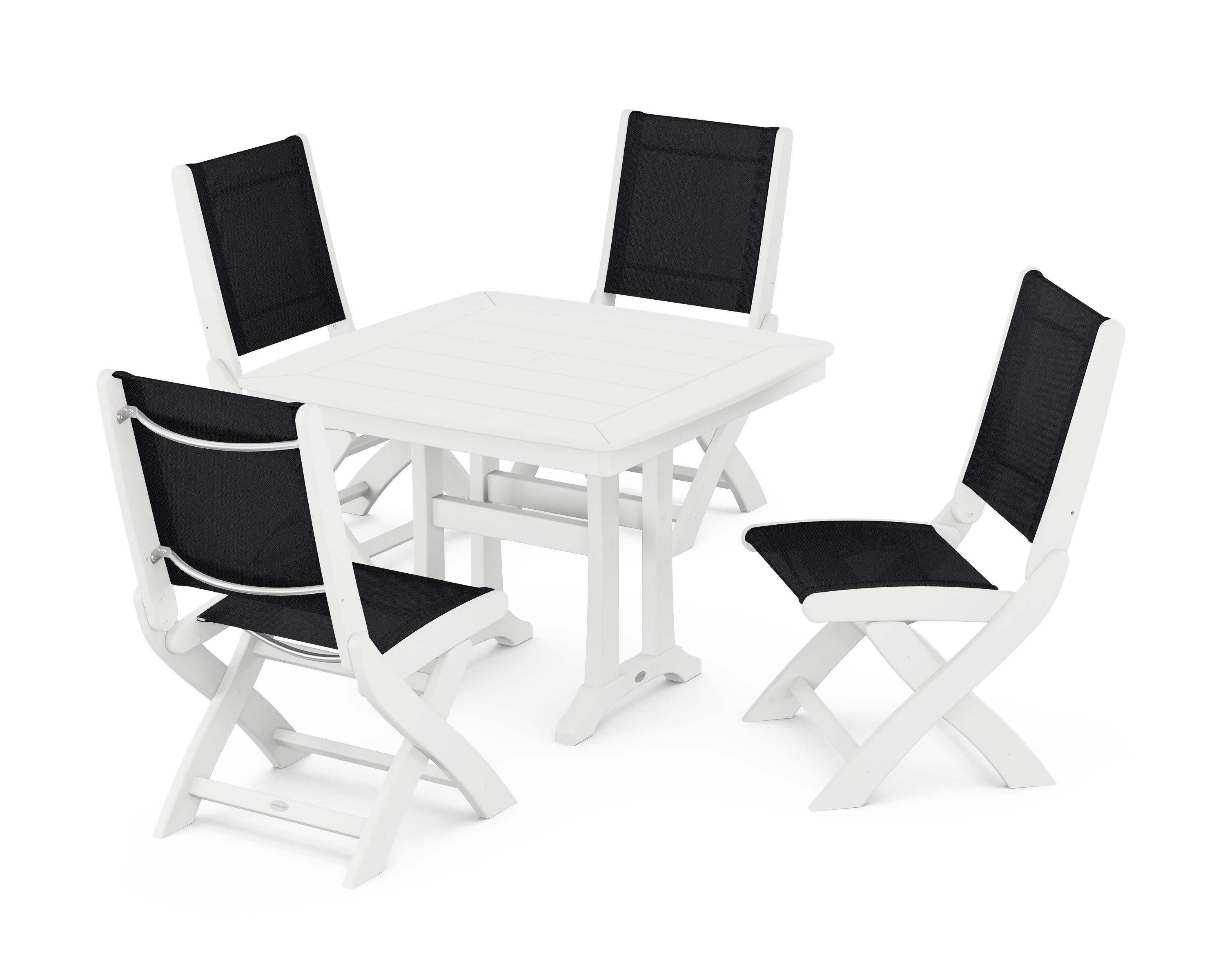 Coastal Folding Side Chair 5-Piece Dining Set with Trestle Legs in White / Black Sling