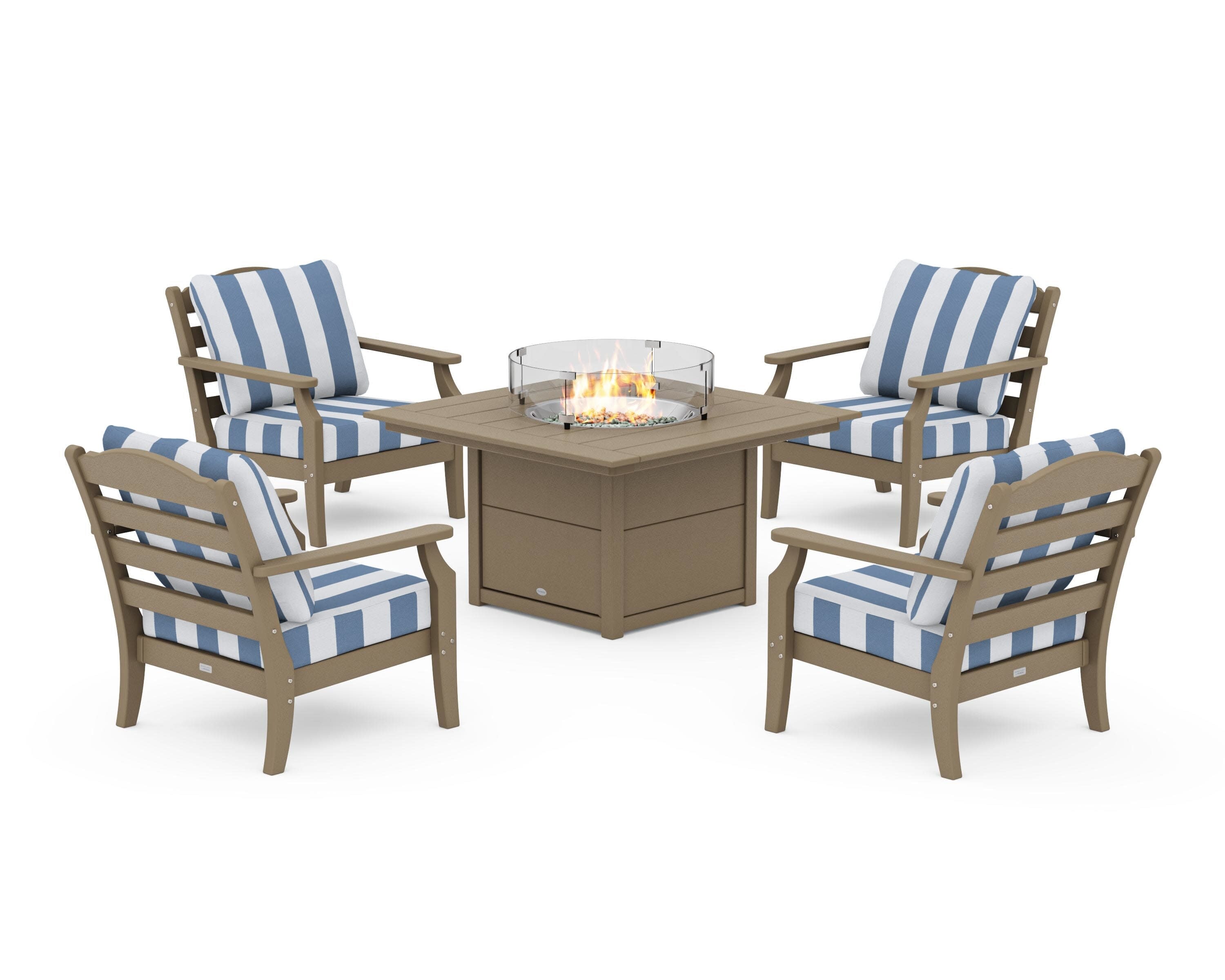 Savannah 5-Piece Deep Seating Set with Fire Pit Table in Vintage Sahara / Cabana Stripe Sky Blue
