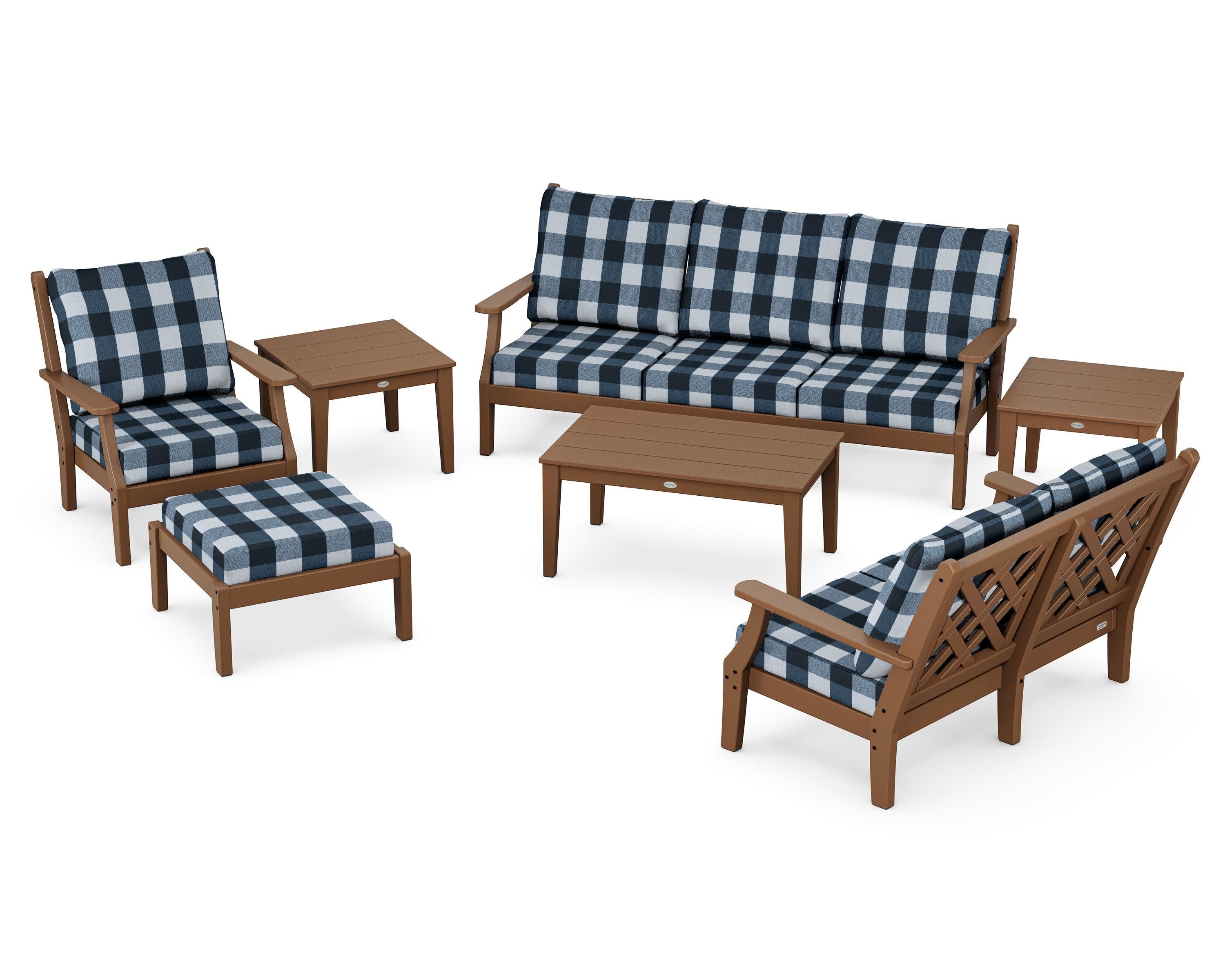 Wovendale 7-Piece Deep Seating Set in Teak / Buffalo Plaid Marine Indigo