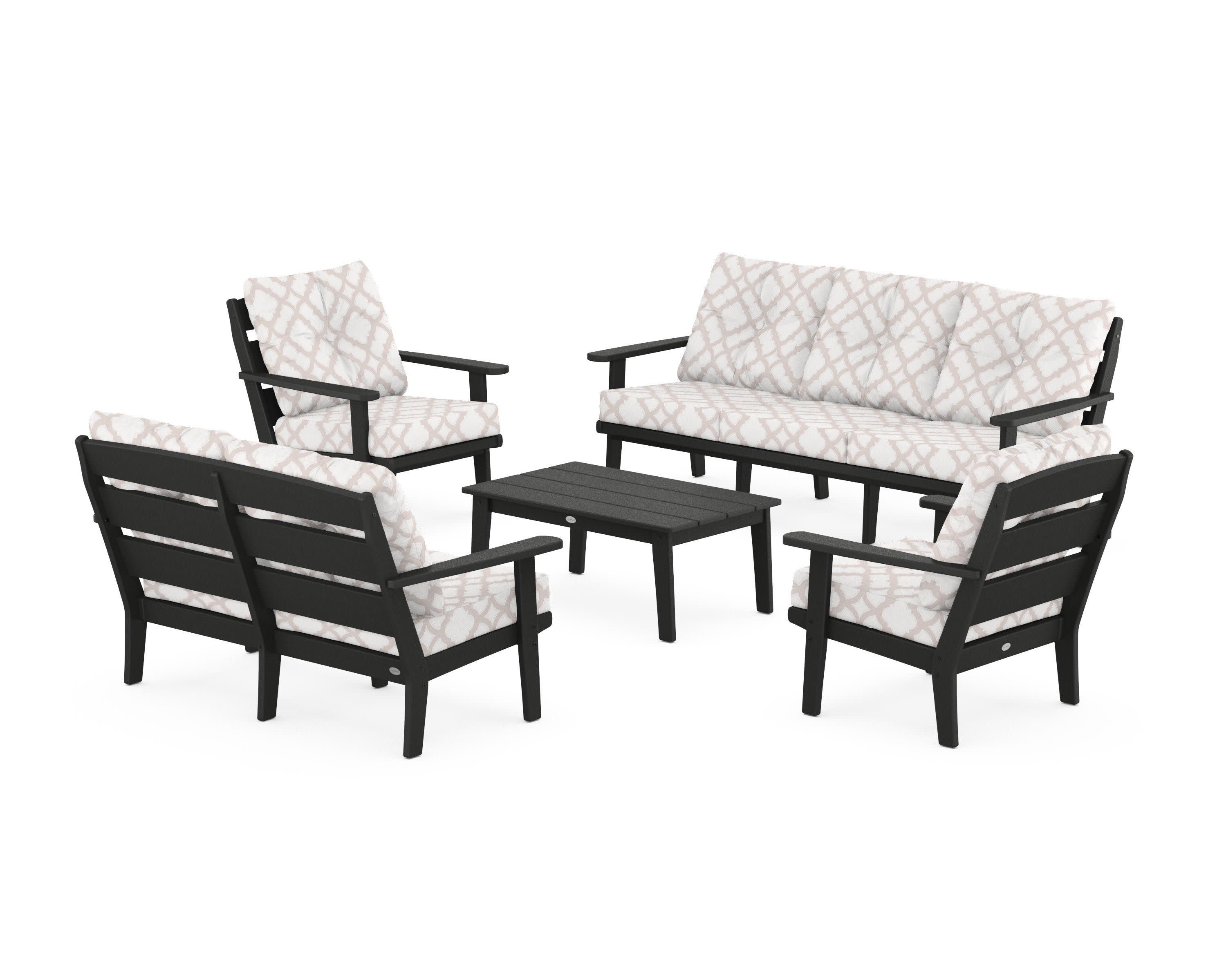 Lakeside 5-Piece Lounge Sofa Set in Black / Trellis Dune Burlap