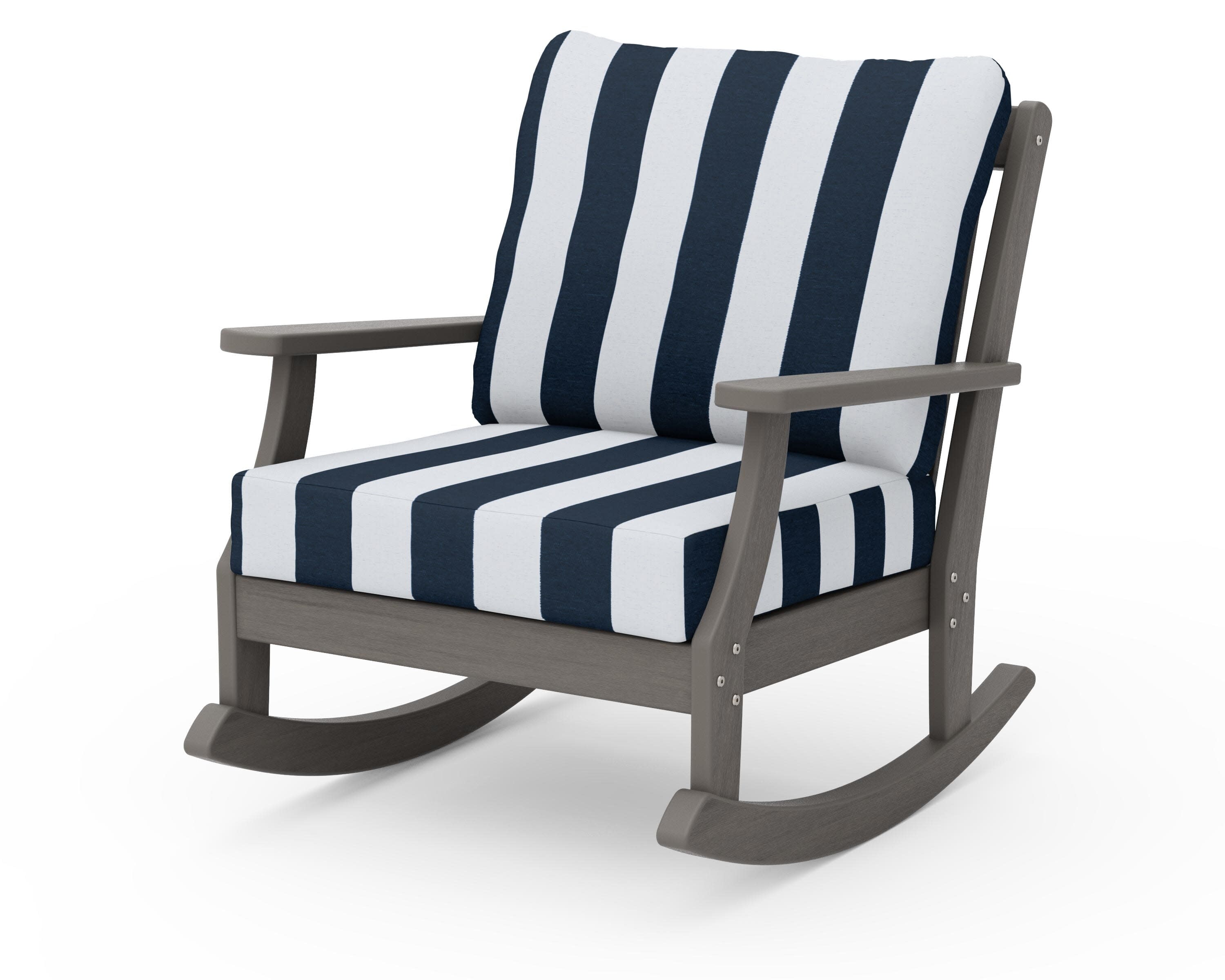 Braxton Deep Seating Rocking Chair in Driftwood / Cabana Stripe Marine Indigo