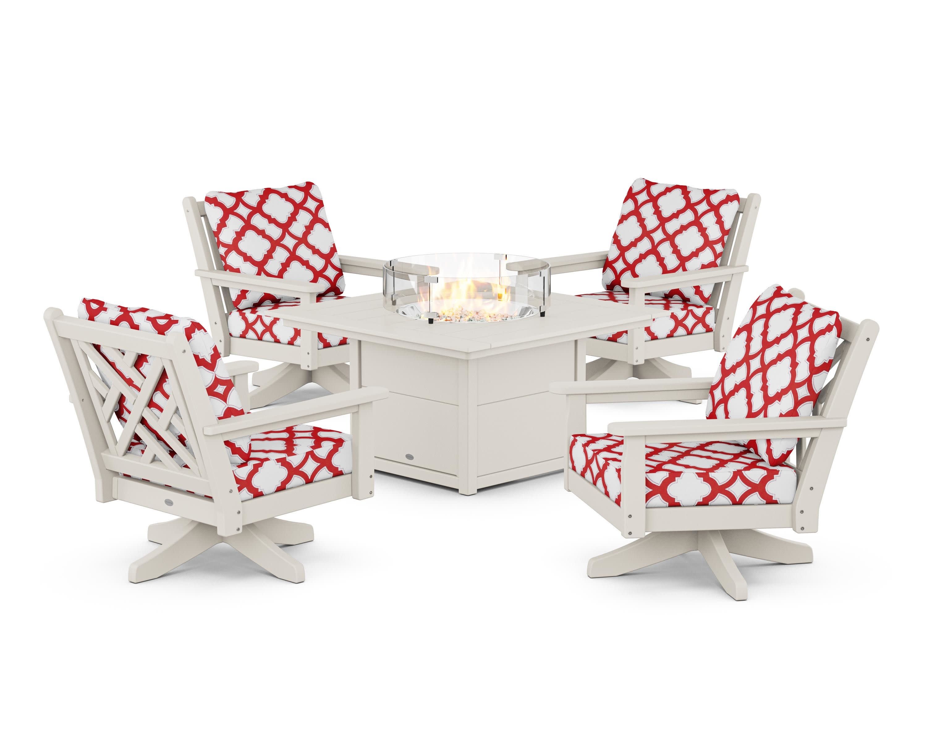 Chippendale 5-Piece Deep Seating Swivel Conversation Set with Fire Pit Table in Sand / Trellis Crimson