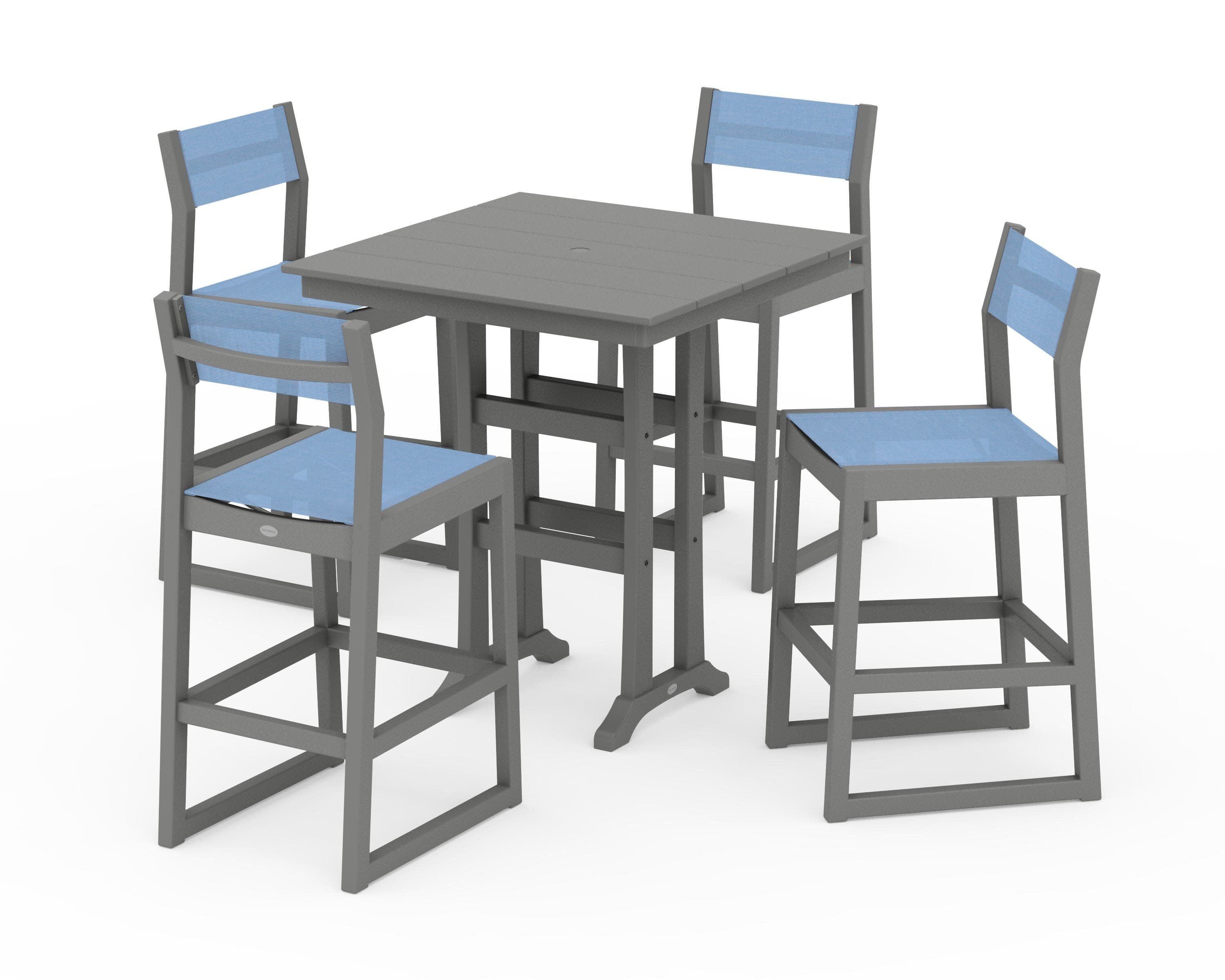 EDGE Sling Arm Chair 5-Piece Farmhouse Bar Set with Trestle Legs in Slate Grey / Poolside Sling