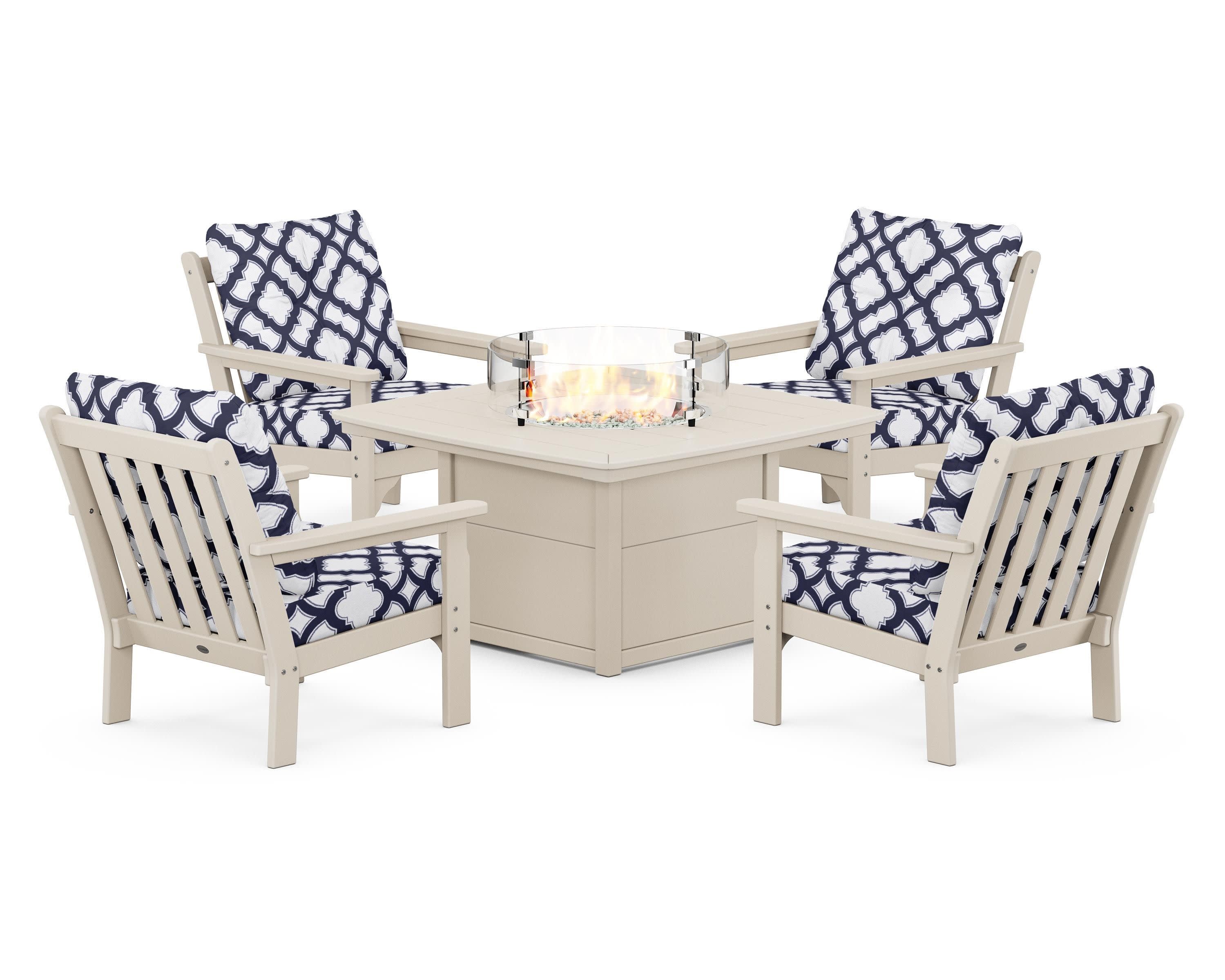 Vineyard 5-Piece Conversation Set with Fire Pit Table in Sand / Trellis Navy