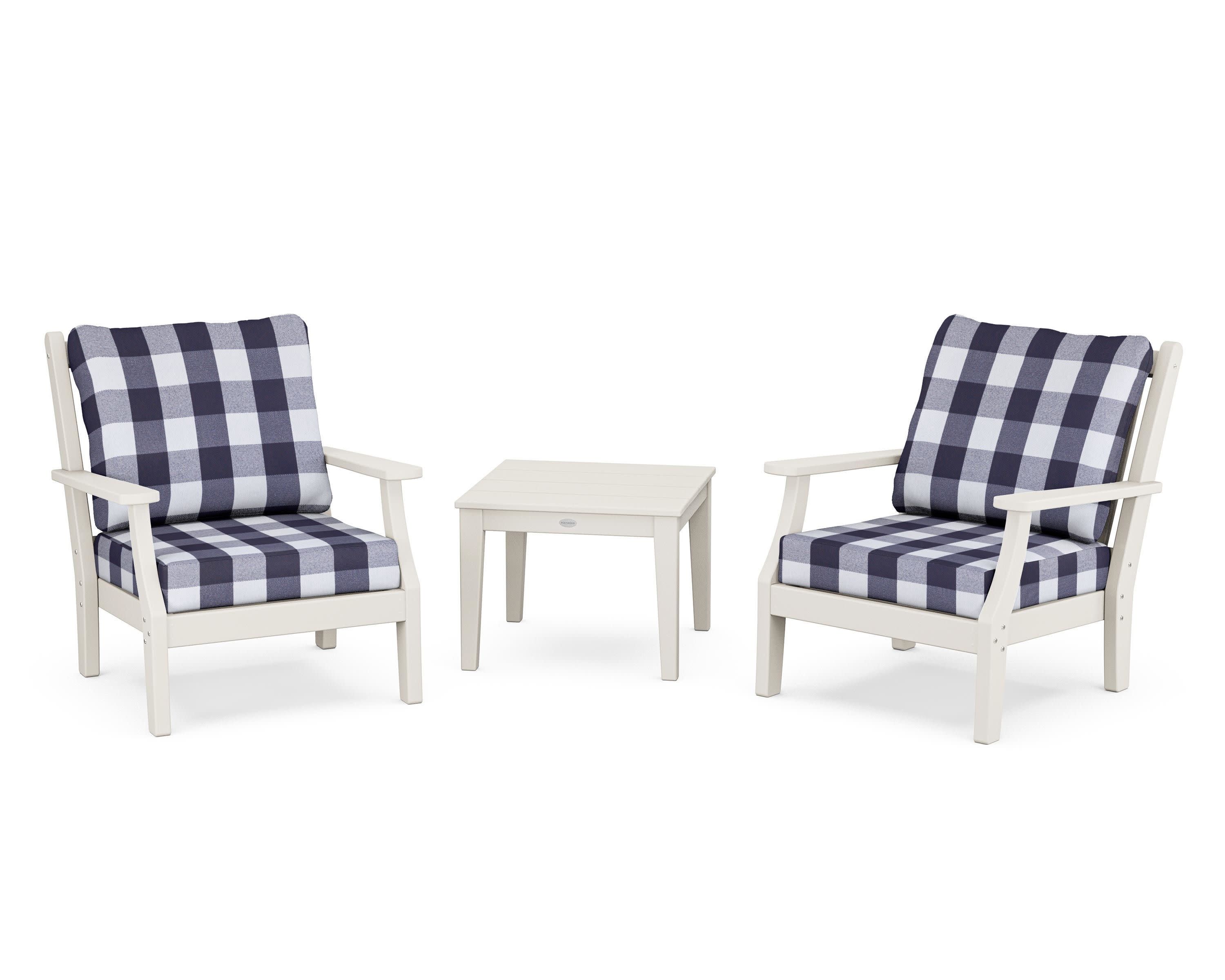 Wovendale 3-Piece Deep Seating Set in Sand / Buffalo Plaid Navy