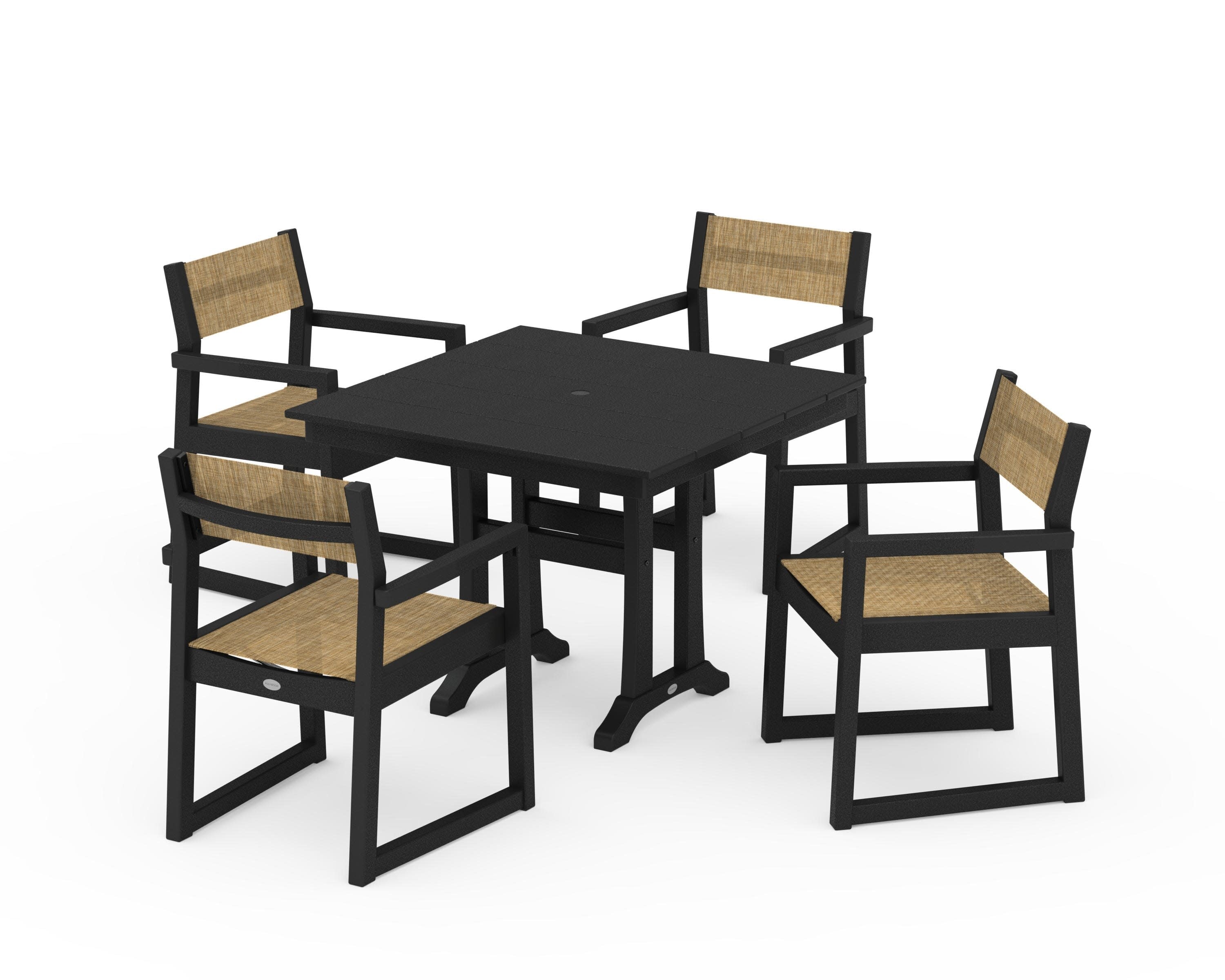 EDGE Sling 5-Piece Farmhouse Dining Set with Trestle Legs in Black / Burlap Sling