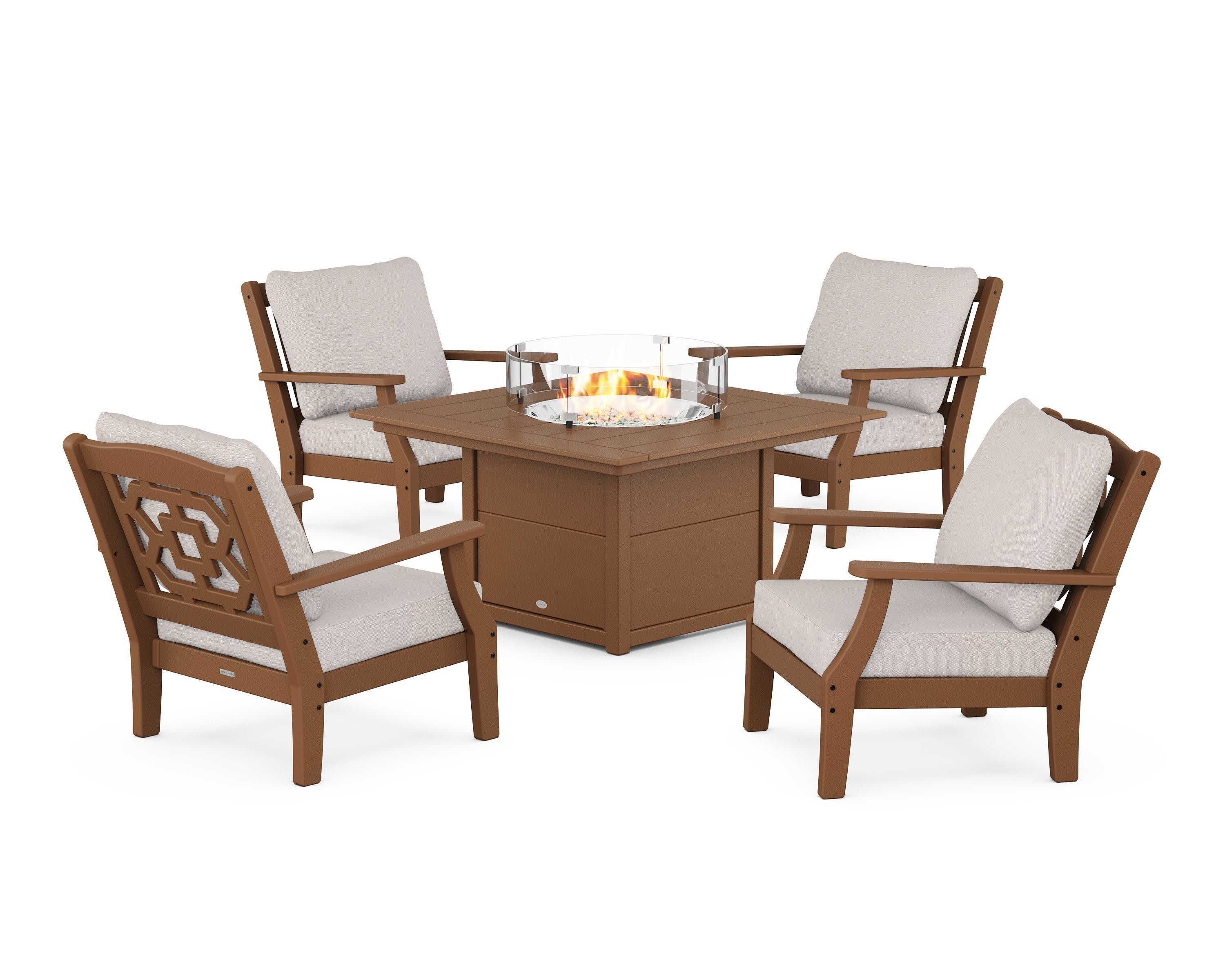 Chinoiserie 5-Piece Deep Seating Set with Fire Pit Table in Teak / Dune Burlap