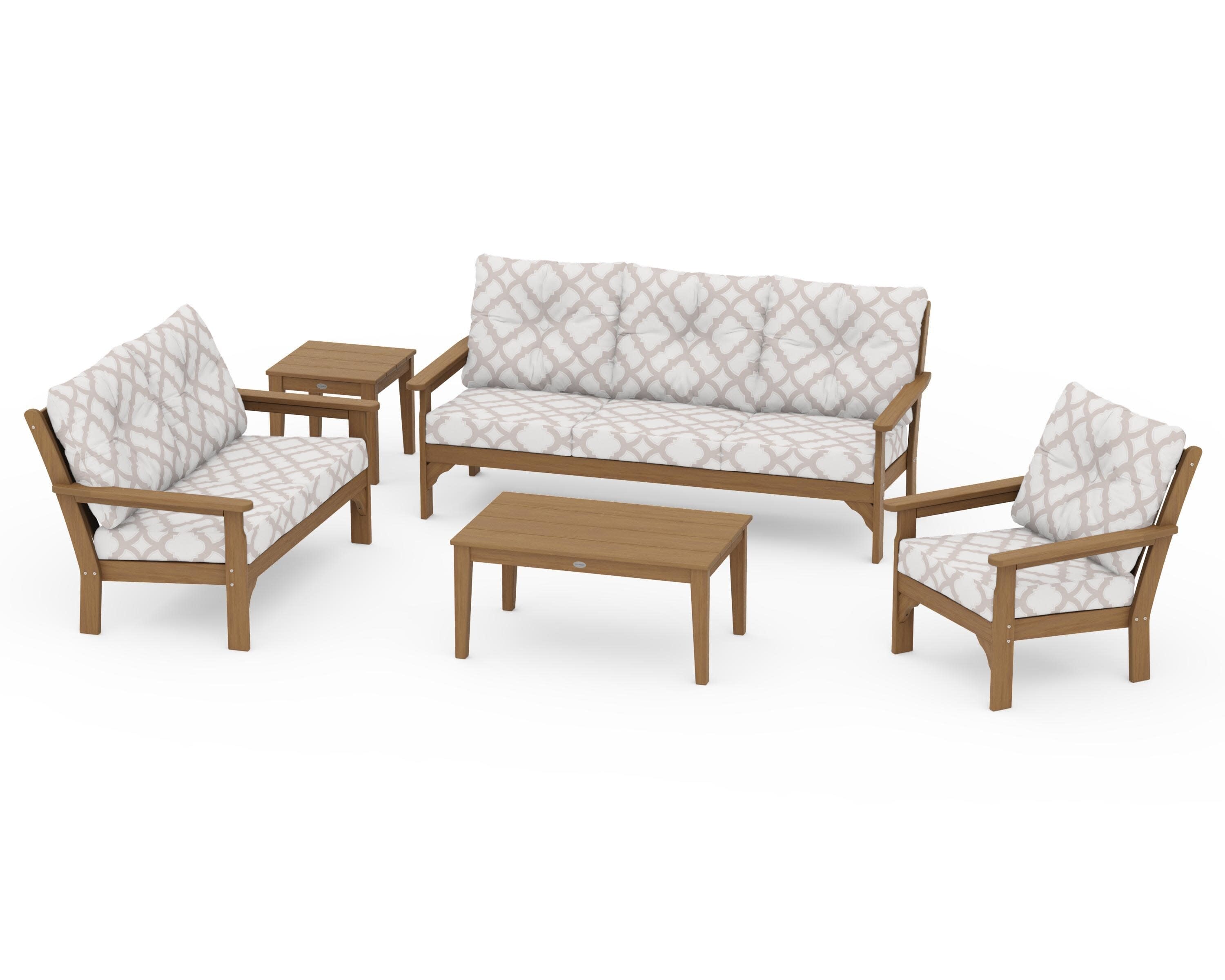 Vineyard 5 Piece Deep Seating Set in Natural / Trellis Dune Burlap