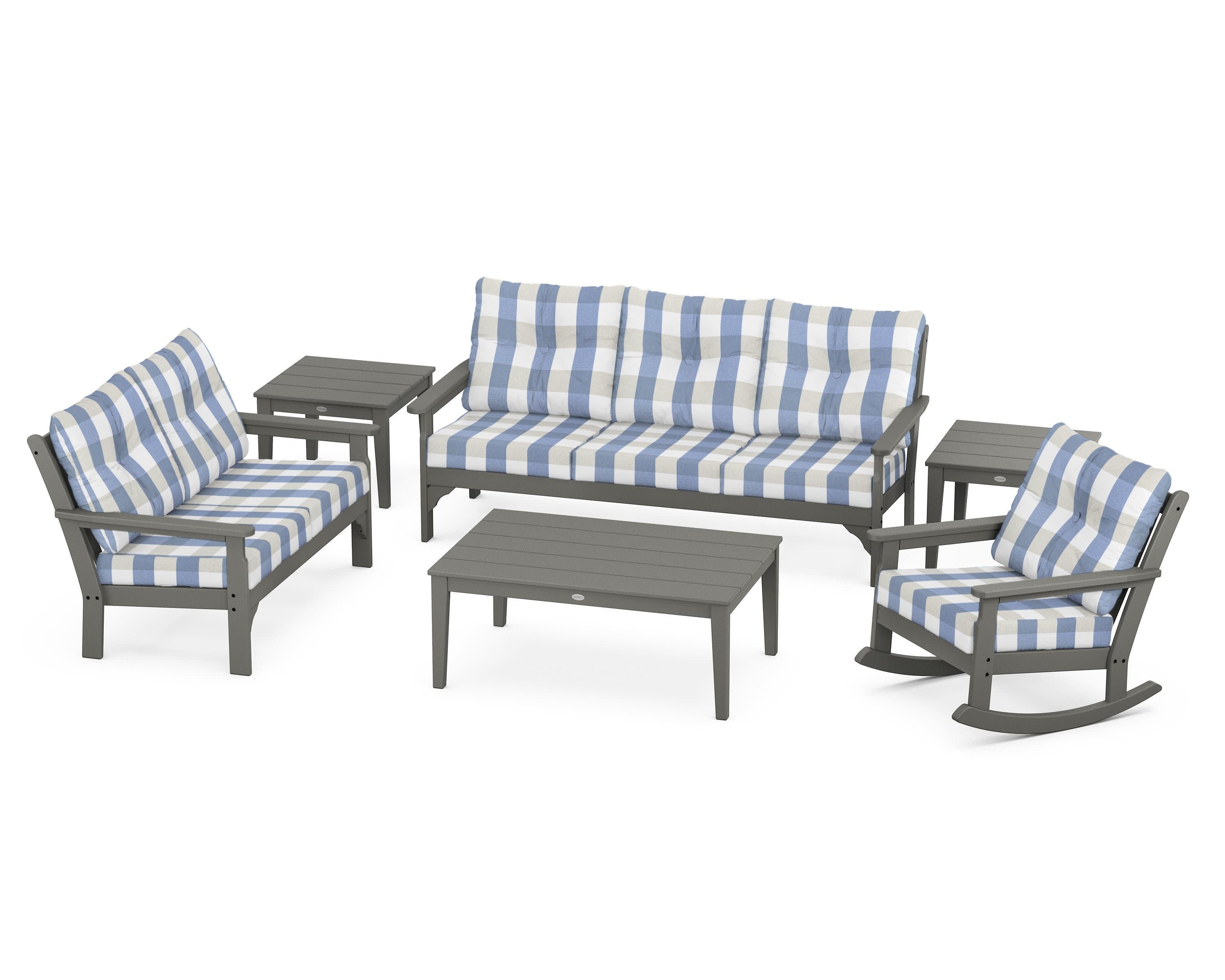 Vineyard 6-Piece Deep Seating Set in Slate Grey / Buffalo Plaid Sky Blue