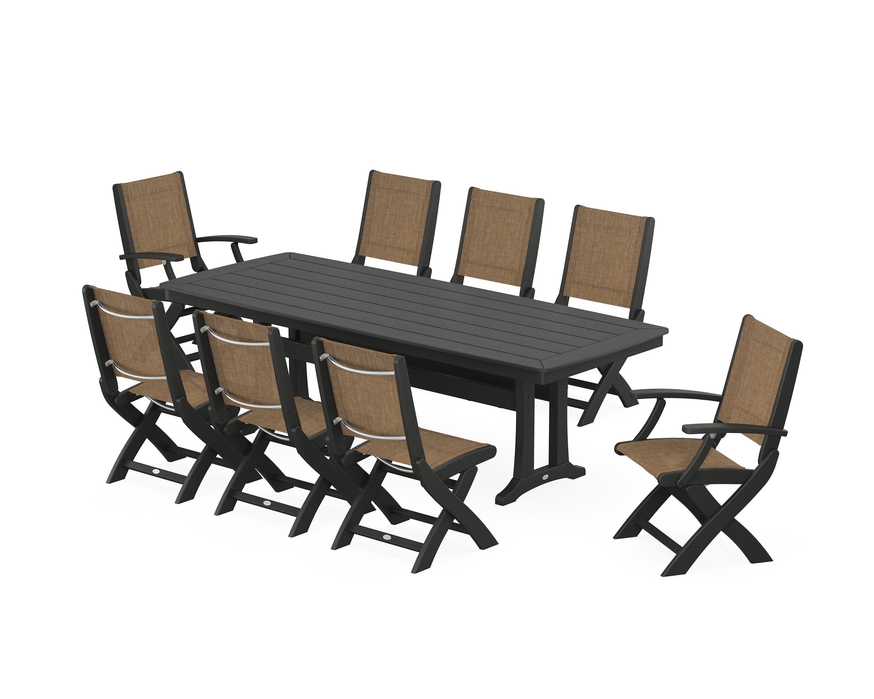 Coastal Folding 9-Piece Dining Set with Trestle Legs in Black / Burlap Sling
