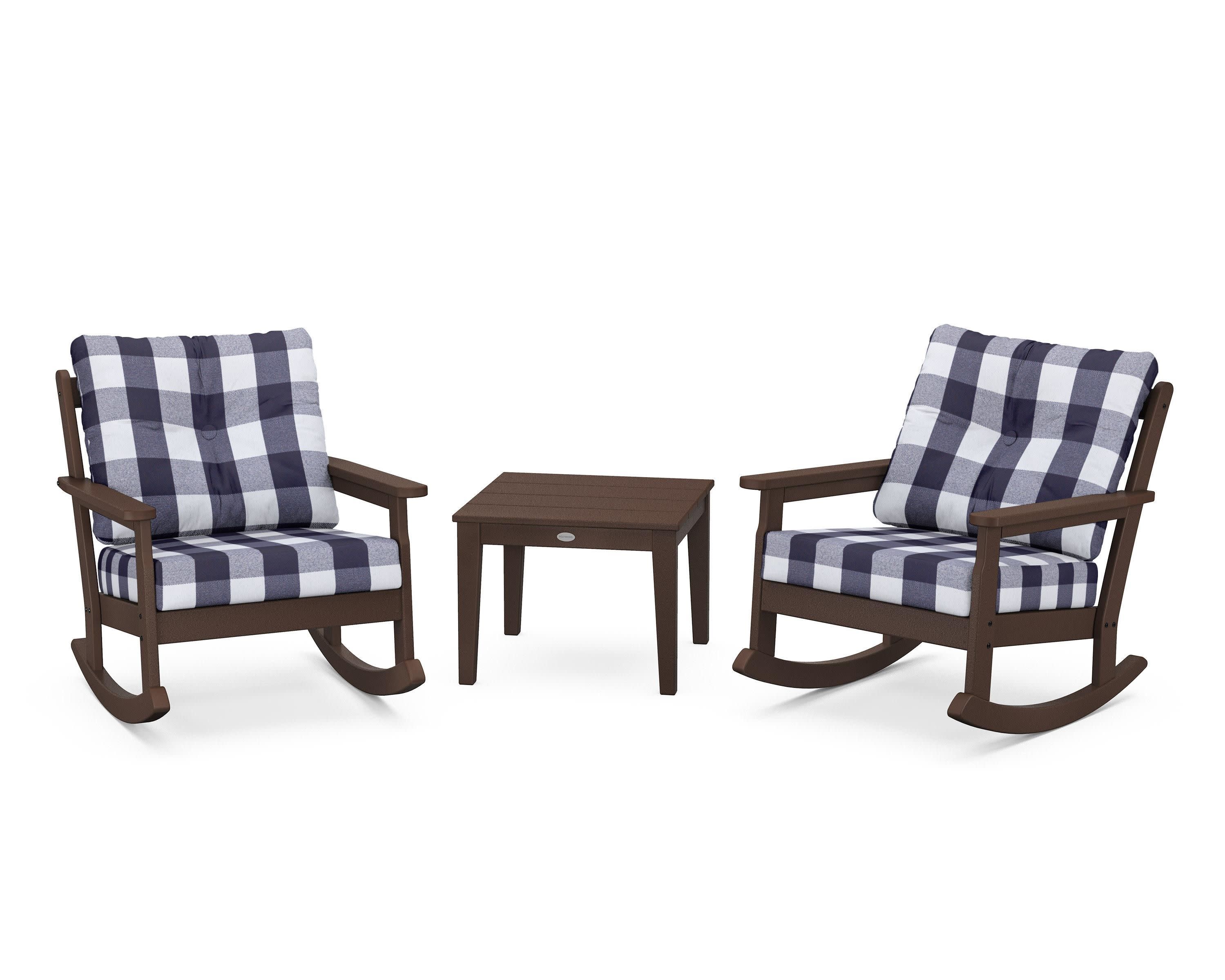 Vineyard 3-Piece Deep Seating Rocker Set in Mahogany / Buffalo Plaid Navy