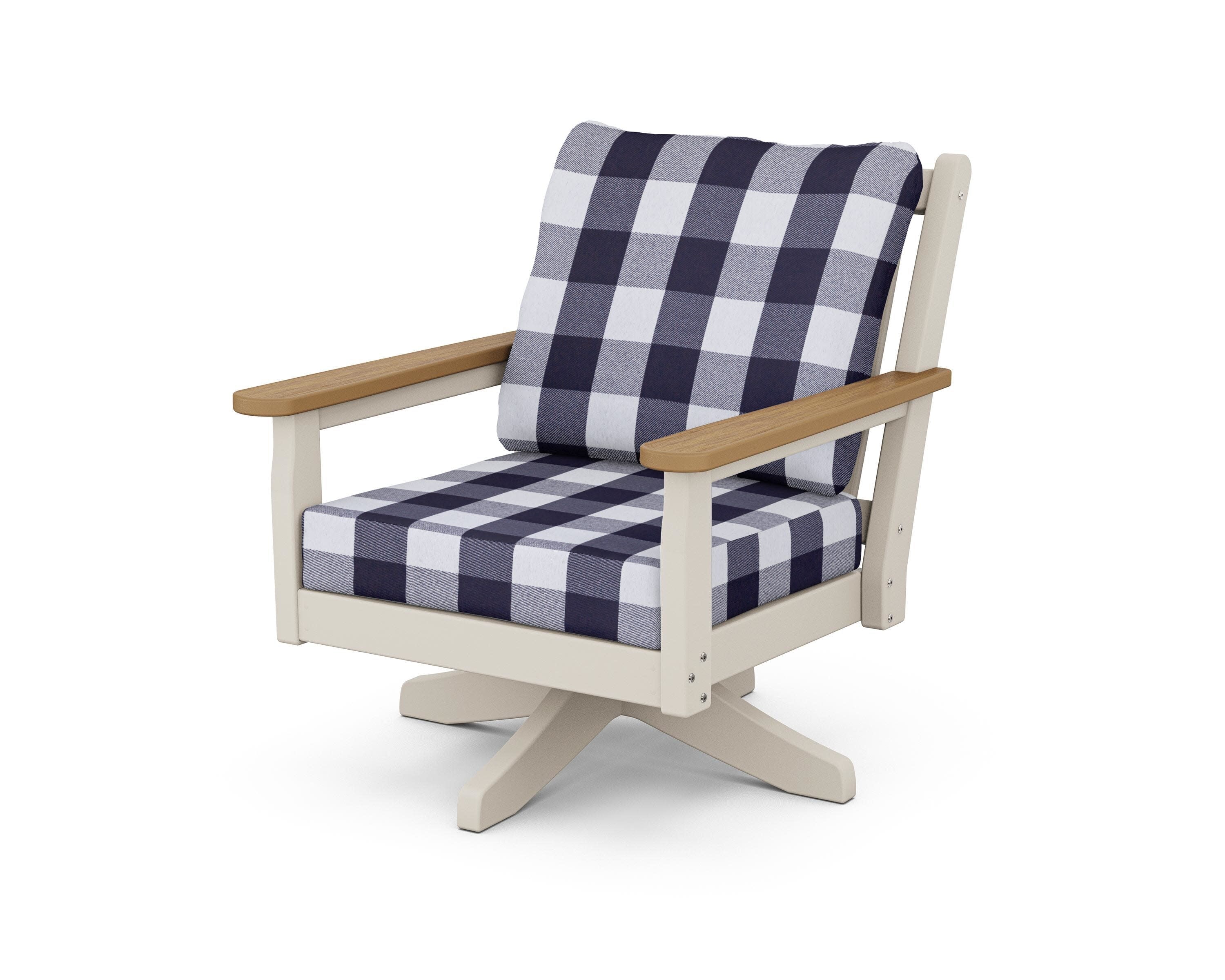 Chippendale Deep Seating Swivel Chair in Sand / Natural / Buffalo Plaid Navy