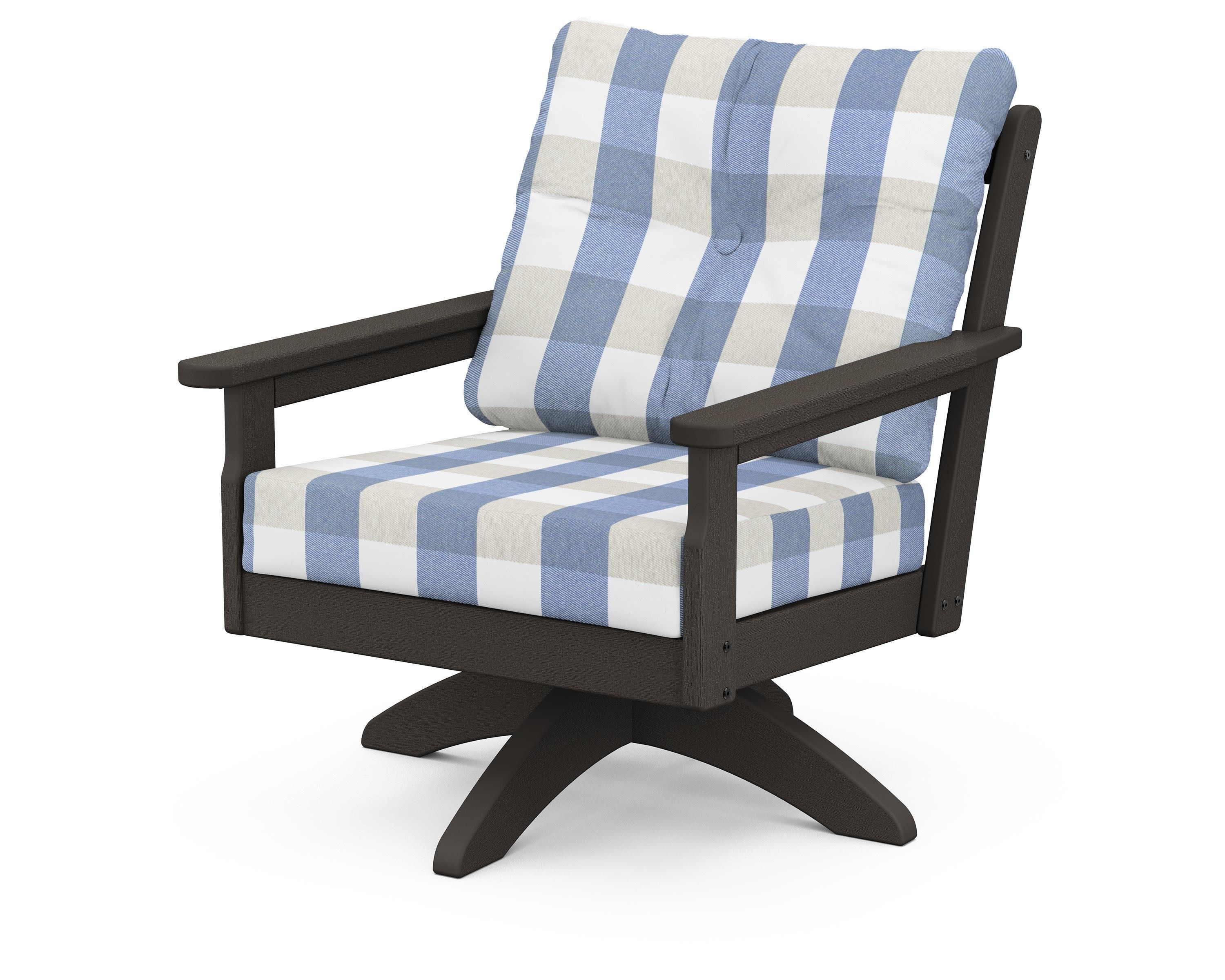 Vineyard Deep Seating Swivel Chair in Vintage Coffee / Buffalo Plaid Sky Blue