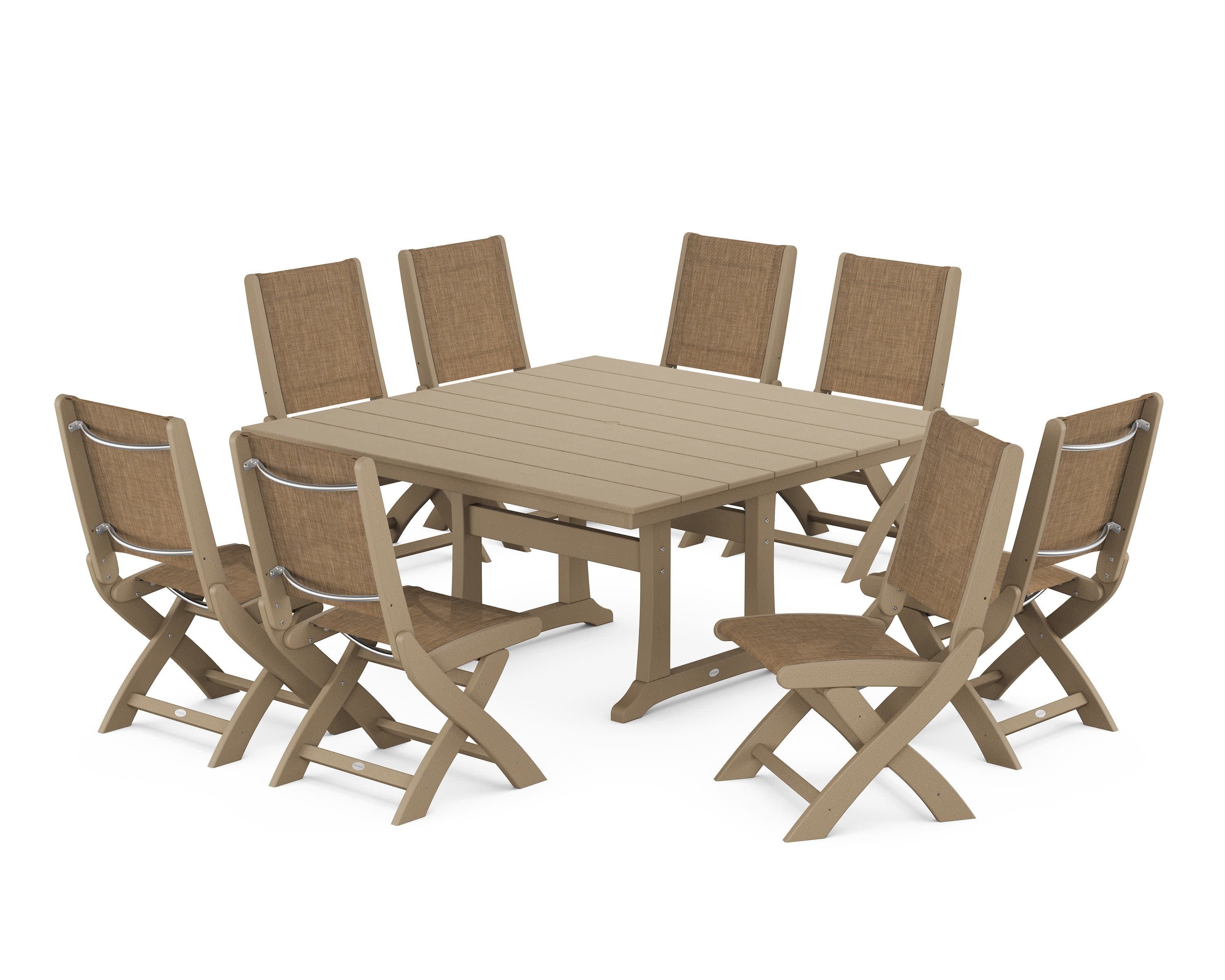 Coastal Folding Side Chair 9-Piece Farmhouse Dining Set in Vintage Sahara / Burlap Sling