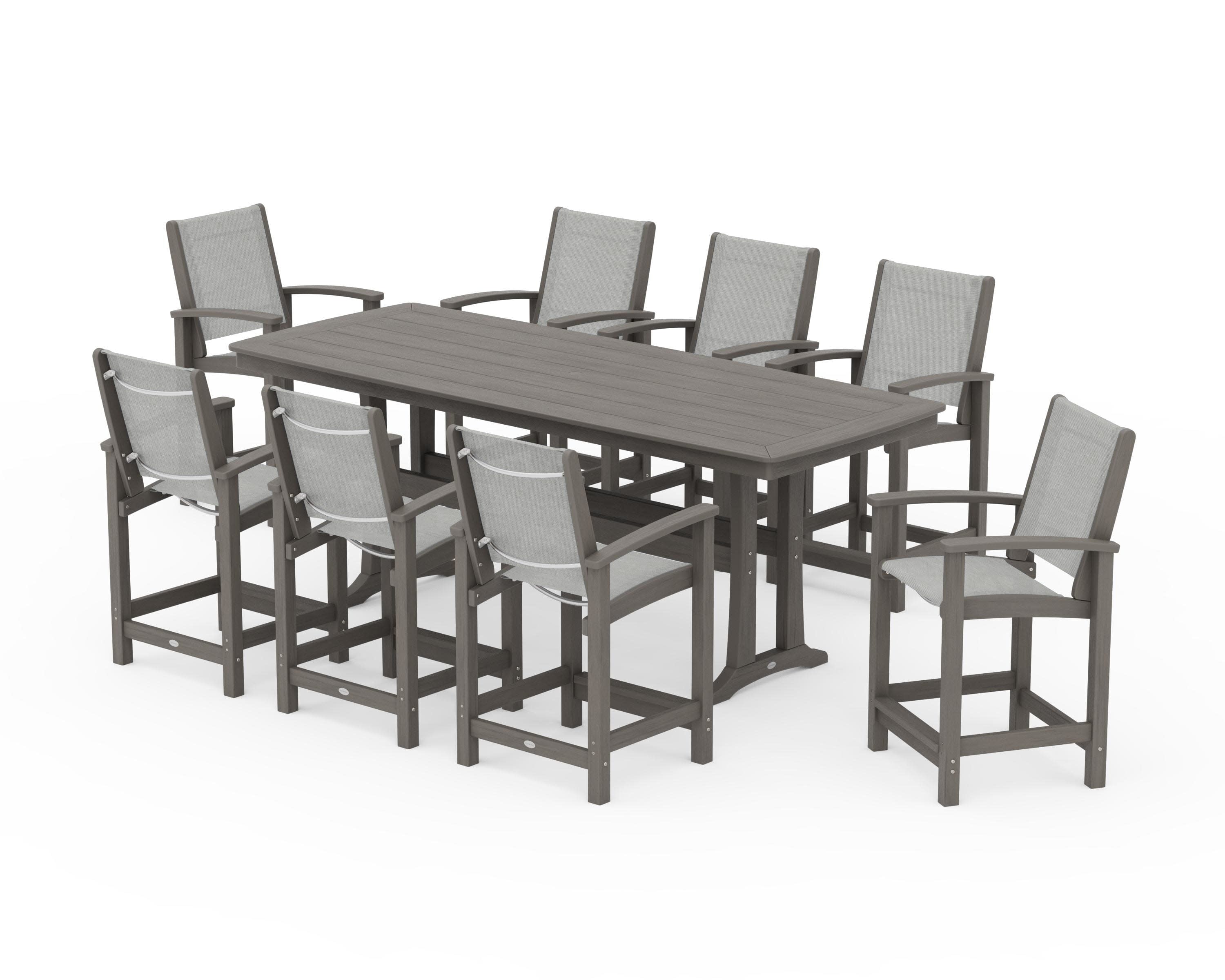 Coastal 9-Piece Counter Set with Trestle Legs in Driftwood / Metallic Sling