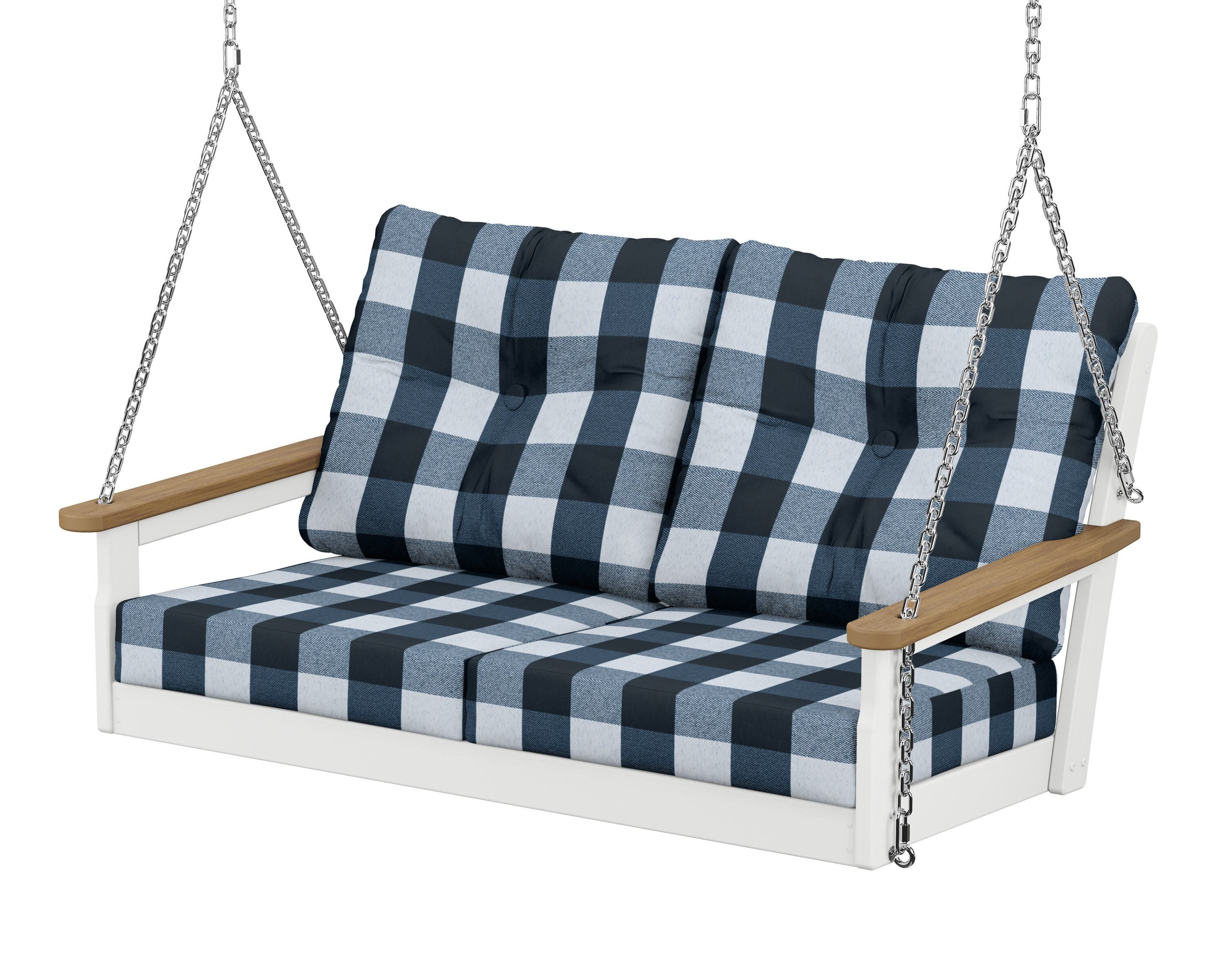 Vineyard Deep Seating Swing in White / Natural / Buffalo Plaid Marine Indigo