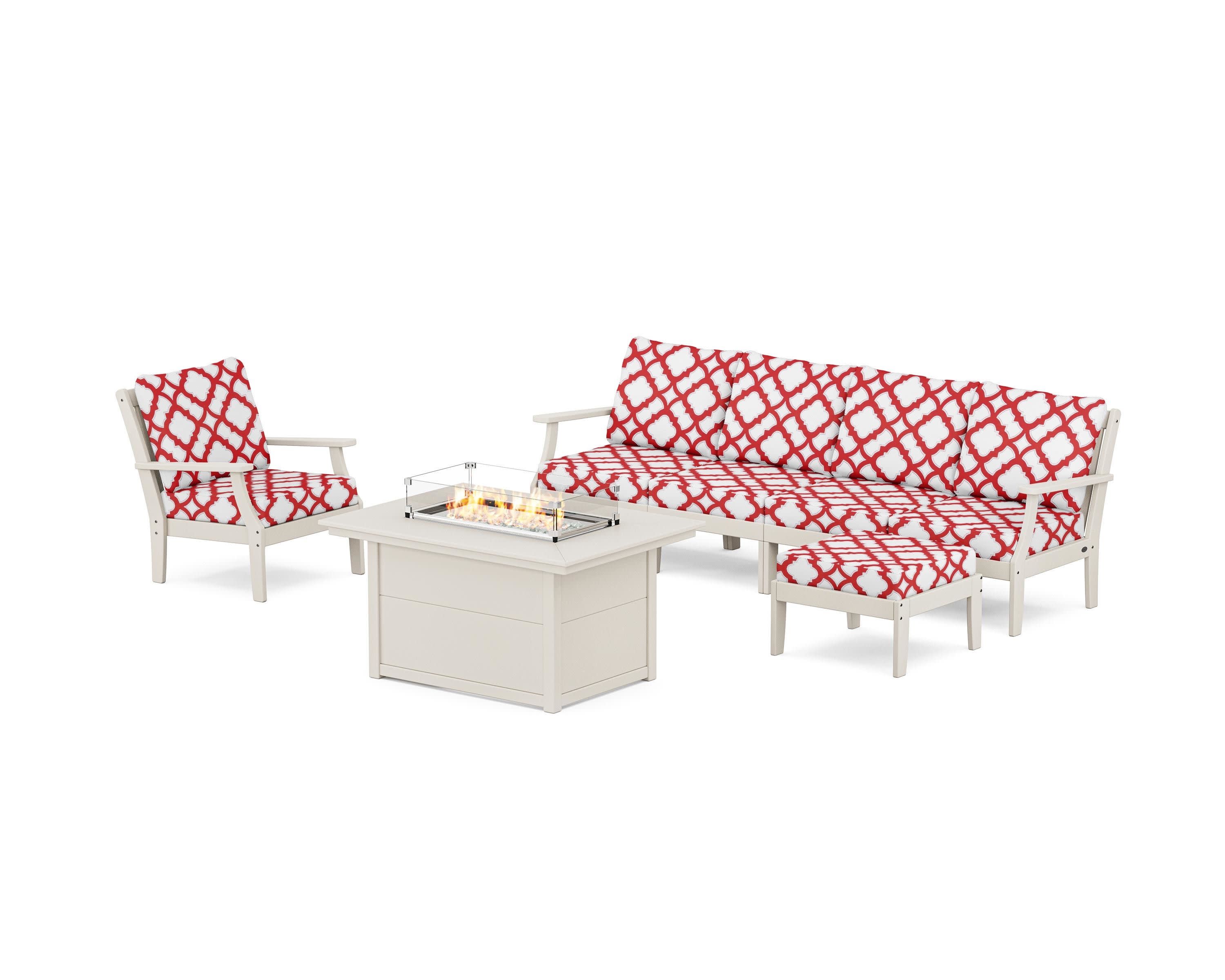 Braxton Sectional Lounge and Fire Pit Set in Sand / Trellis Crimson
