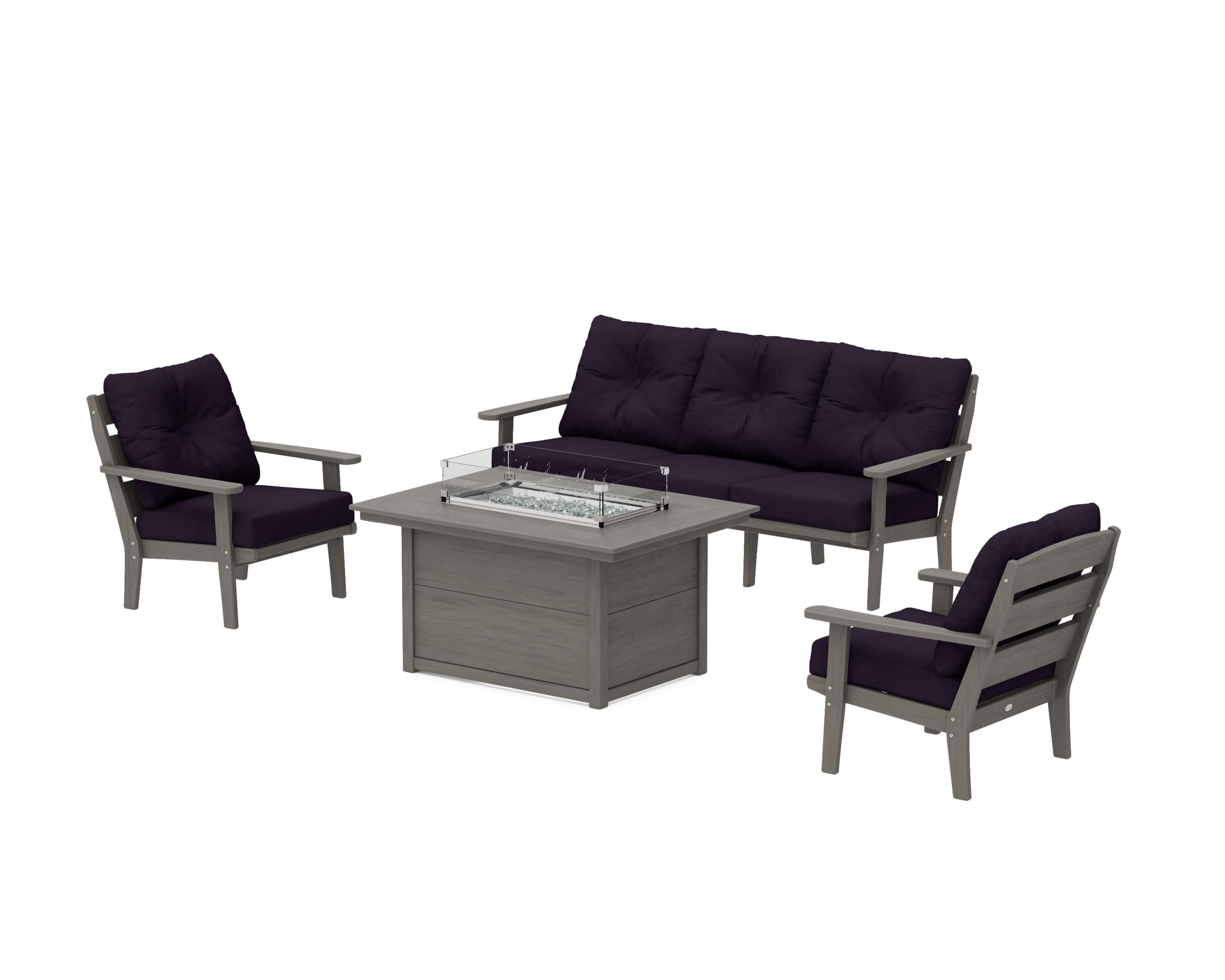Lakeside Deep Seating Fire Pit Table Set in Driftwood / Navy Linen