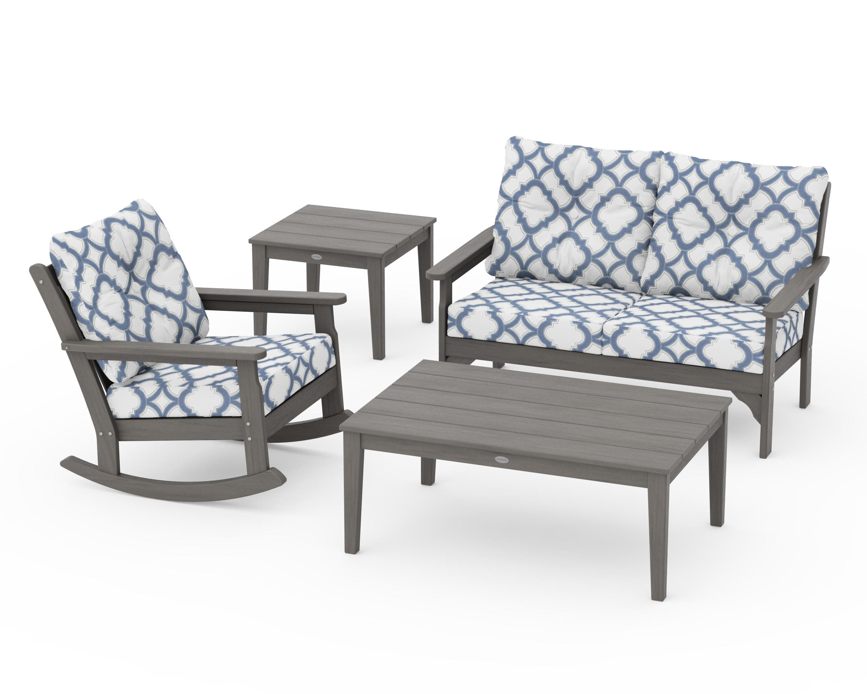 Vineyard 4-Piece Deep Seating Rocker Set in Driftwood / Trellis Sky Blue