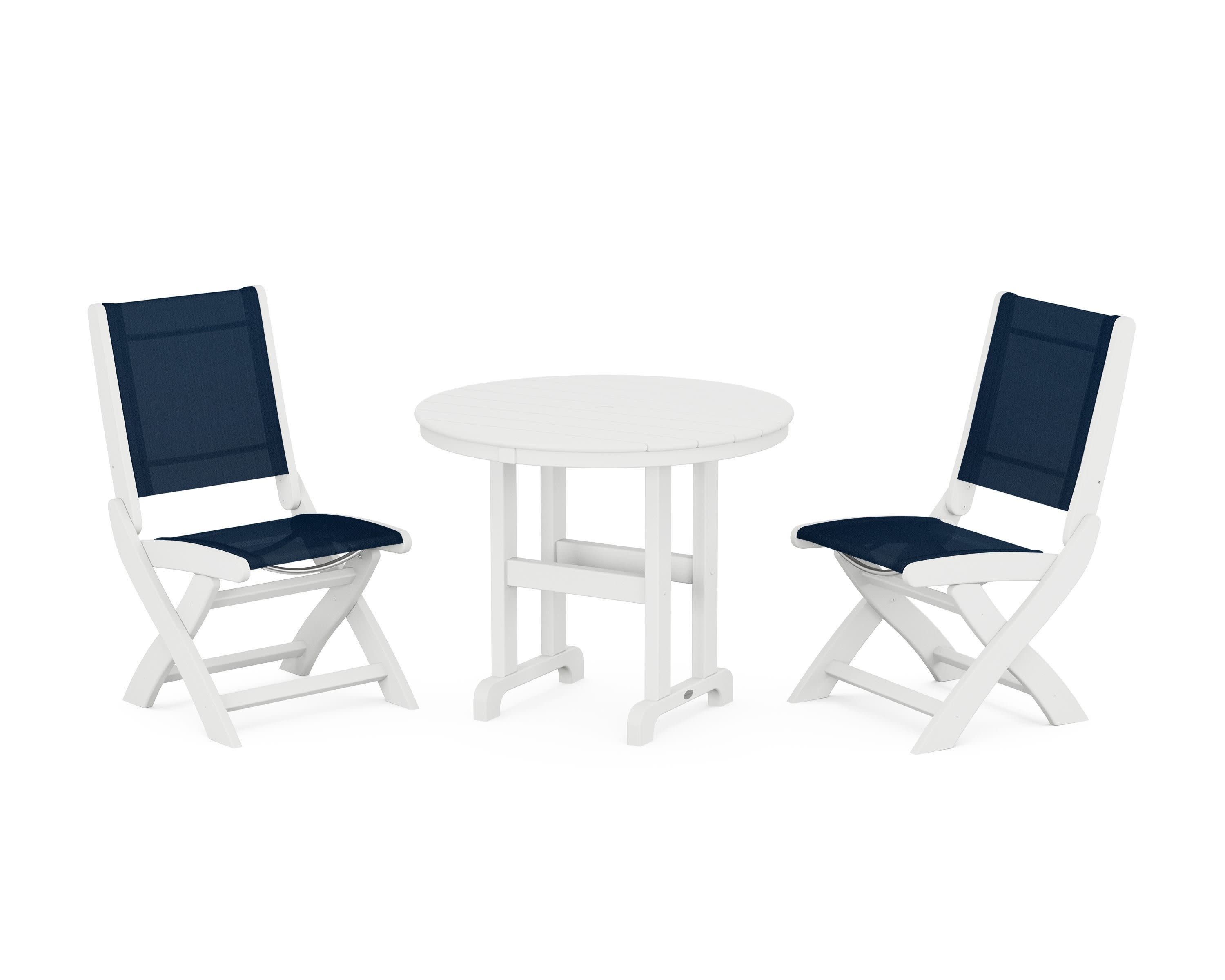 Coastal Folding Side Chair 3-Piece Round Dining Set in White / Navy Blue Sling