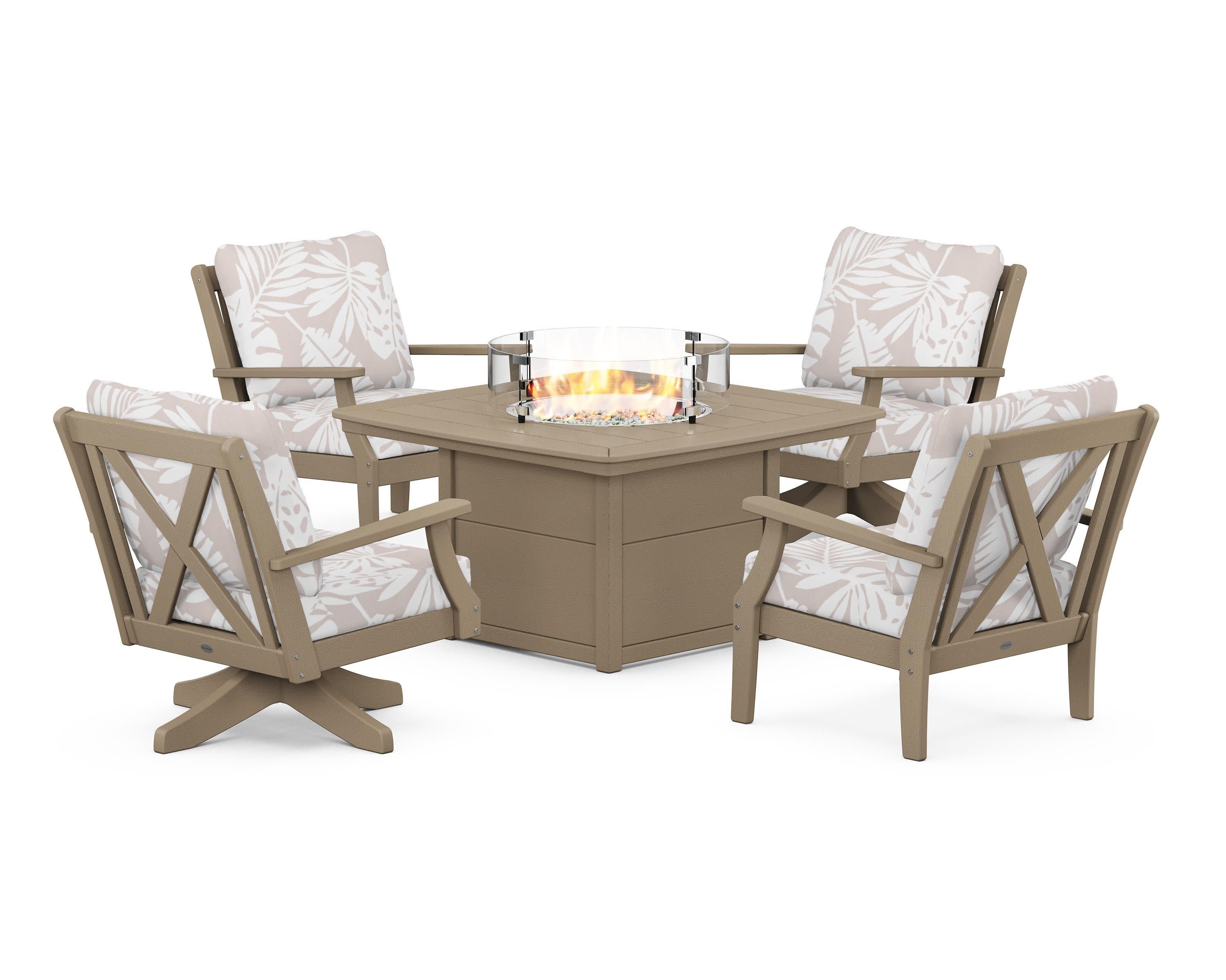 Braxton 5-Piece Deep Seating Set with Fire Table in Vintage Sahara / Leaf Dune Burlap