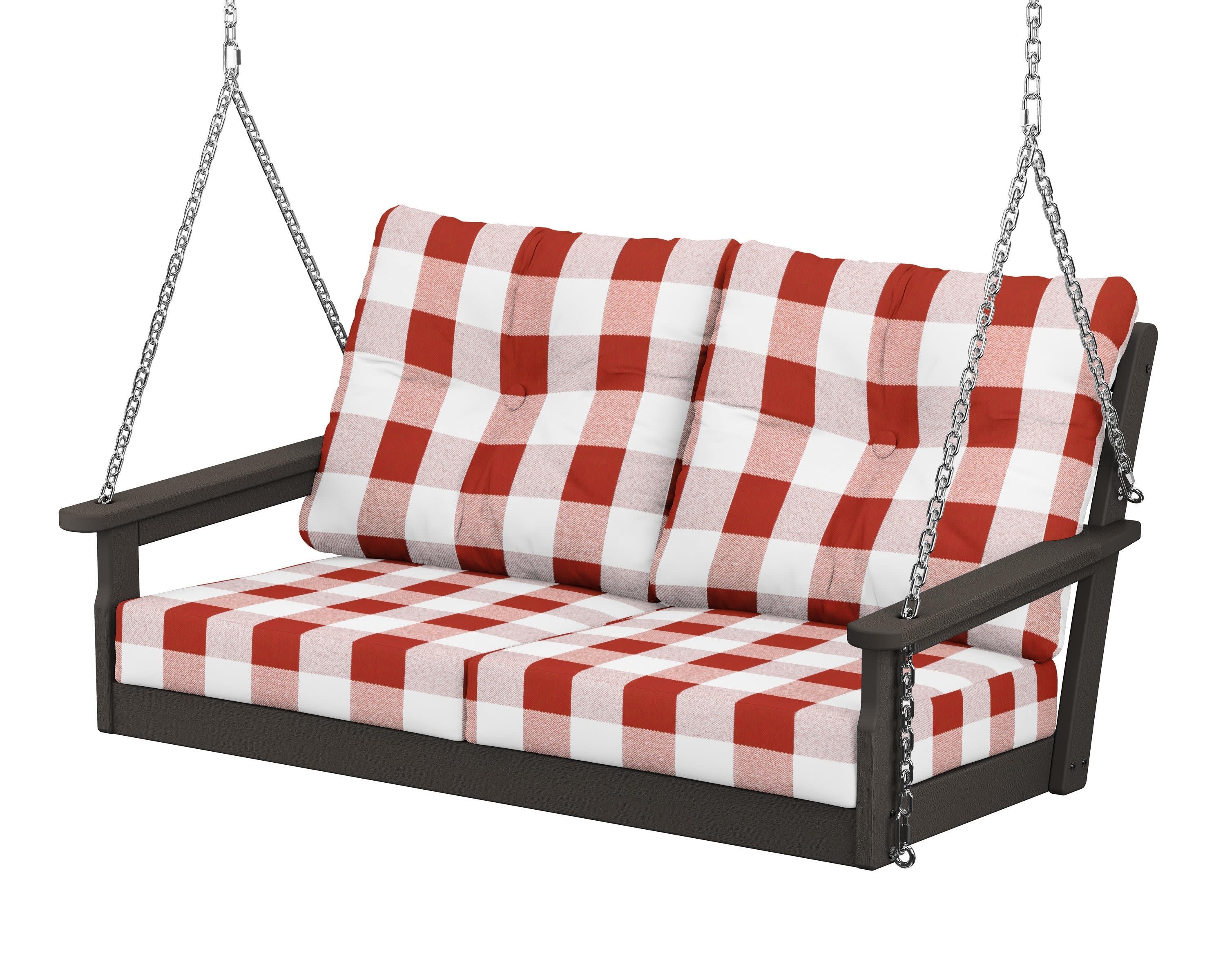 Vineyard Deep Seating Swing in Vintage Coffee / Buffalo Plaid Crimson
