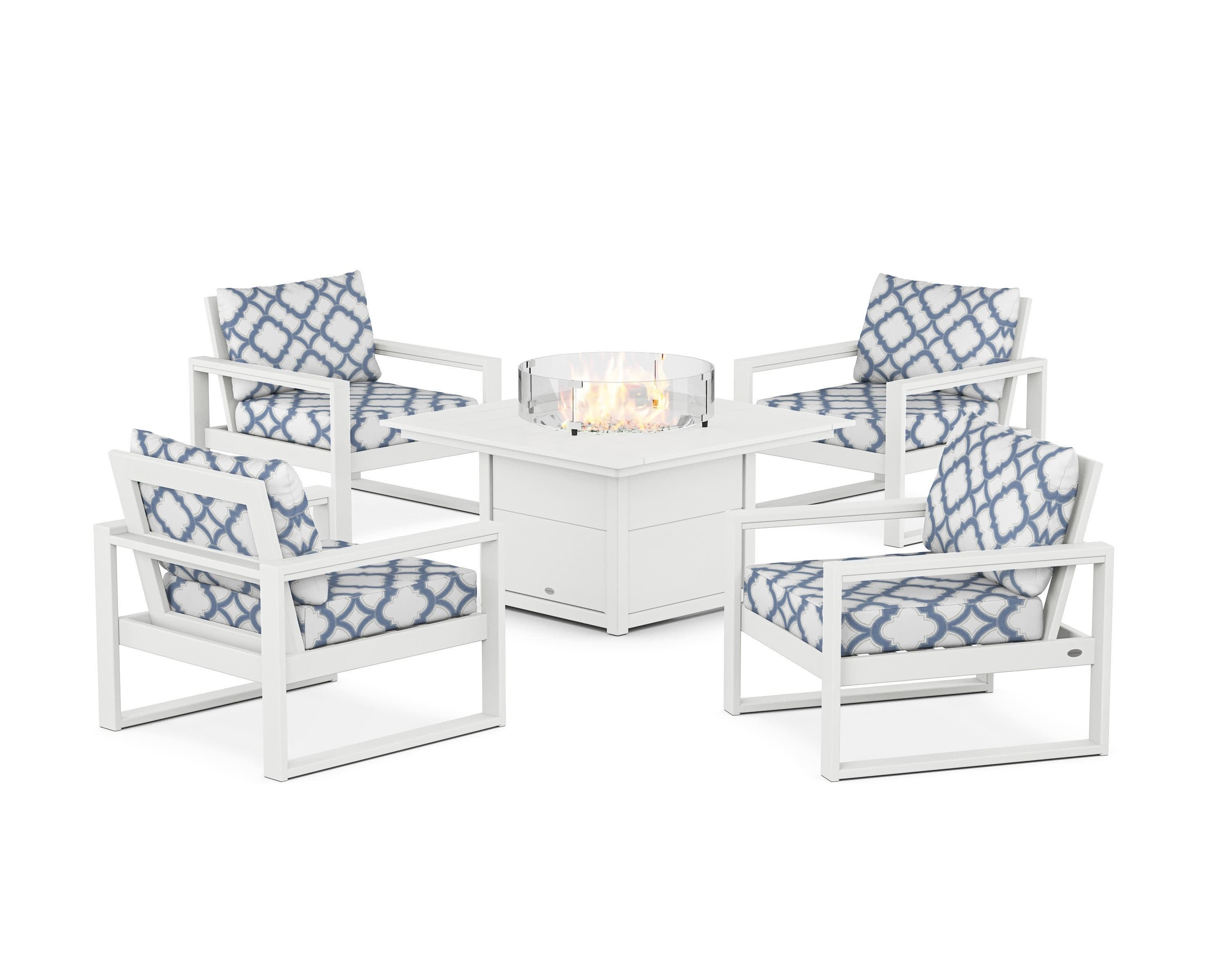 EDGE Sectional 5-Piece Deep Seating Set with Fire Pit Table in White / Trellis Sky Blue